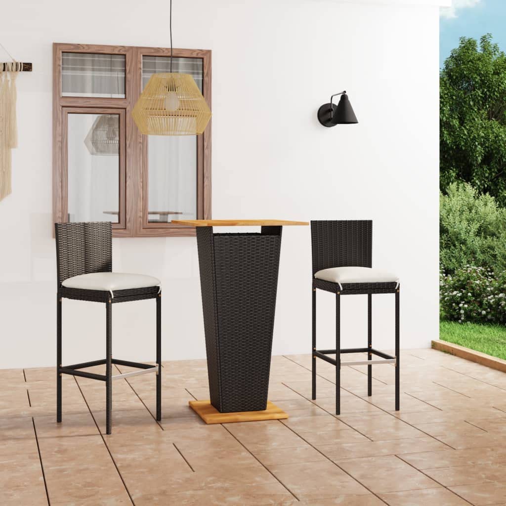 Premium 3-Piece Patio Bar Set with Cushions - Black Poly Rattan, Powder-Coated Steel Frame & Acacia Wood - Outdoor Furniture for Garden, Deck, Backyard - Perfect for Entertaining, Lounging & Outdoor Dining