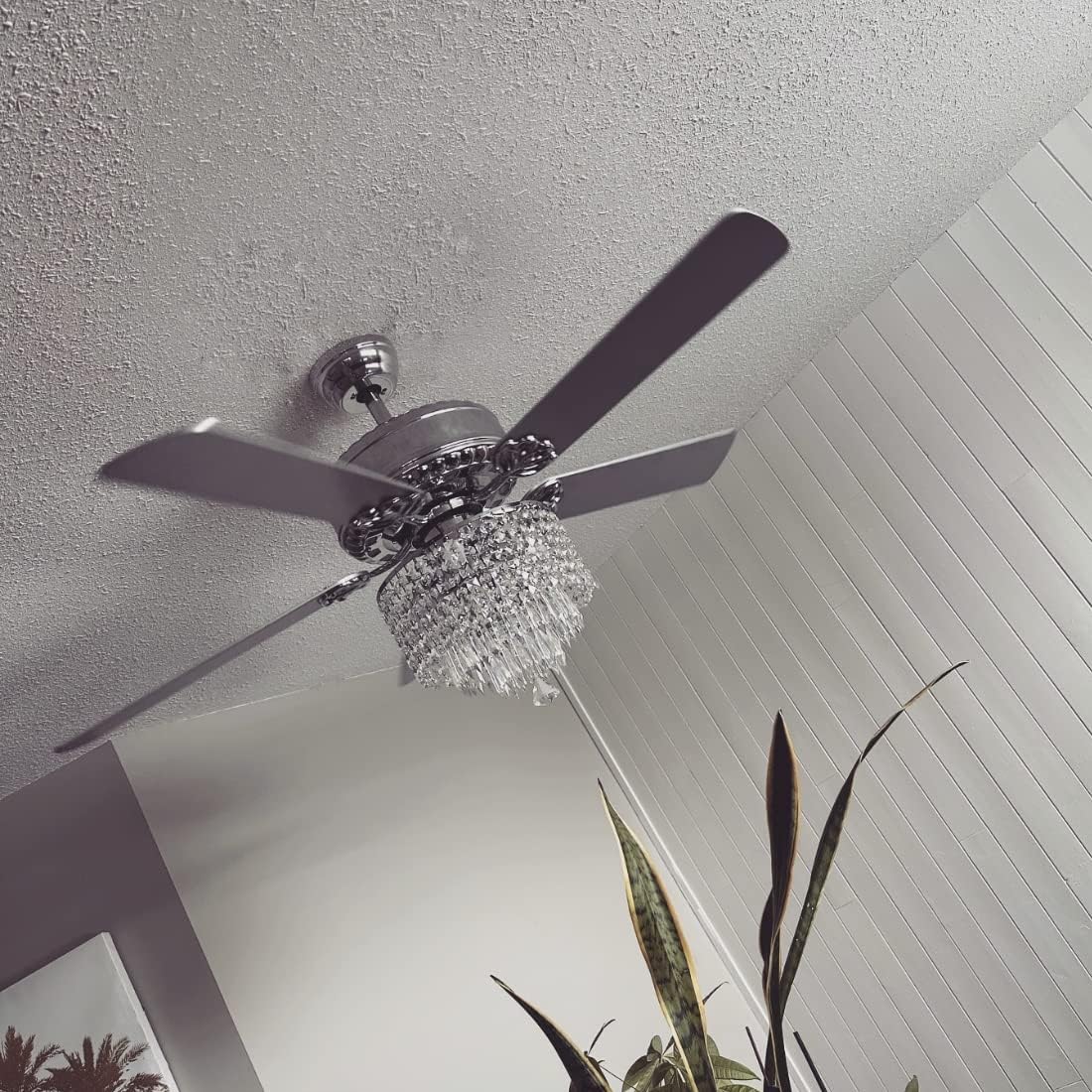 Moooni 52 Inch Modern Crystal Ceiling Fan with Lights and Remote Control - Elegant Chandelier Fan Light Kit (Fandelier) with 5 Wooden Blades - Perfect for Bedroom, Living Room, Dining Room - Silver Finish - Energy Efficient & Quiet Operation