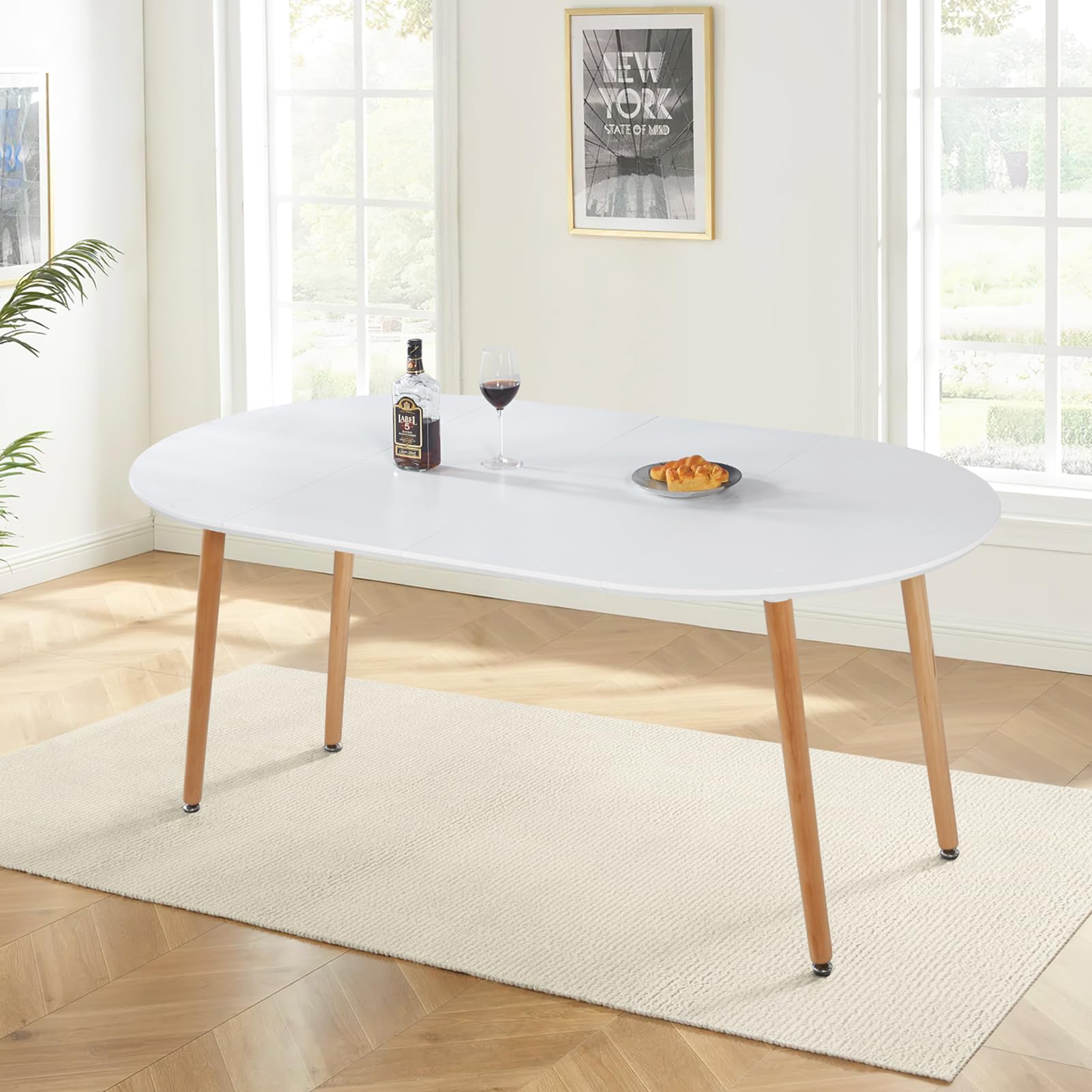 Modern Oval Extendable Dining Table for 4-8 People - Solid Wood & Metal Frame with MDF Tabletop (40