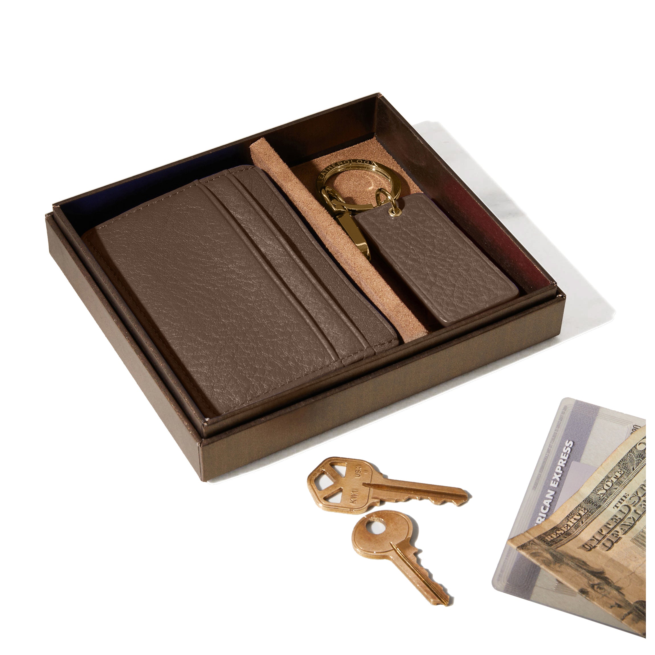 Premium Leather Card & Key Holder Gift Set in Cocoa Brown - Perfect for Wallets, Keychains, and Everyday Essentials Organization