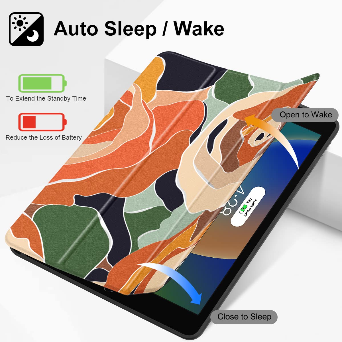 Mektron iPad 10.2 Case for 9th/8th/7th Generation (2021/2020/2019) - Slim Stand Hard Back Shell with Pencil Holder & Magnetic Smart Cover | Auto Wake/Sleep Function | Abstract Rose Design | Perfect for Work, School & Travel Protection