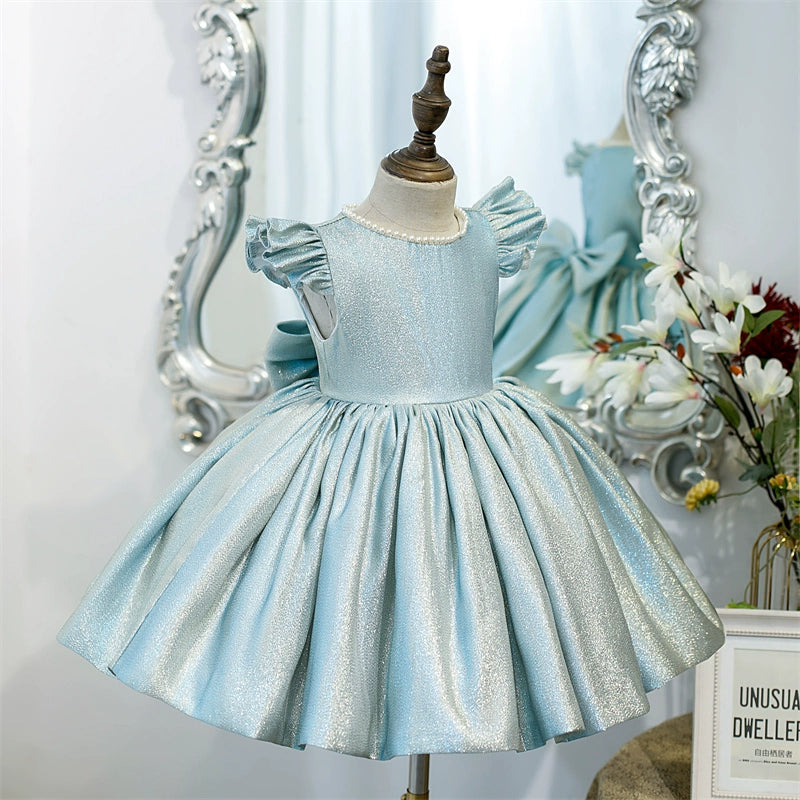 Blue Princess Jewel Neck Tea-Length Satin Flower Girl Dress for Weddings & Special Occasions | Elegant Formal Attire for Kids