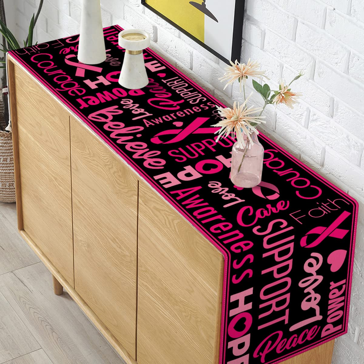 Pink Ribbon Breast Cancer Awareness Table Runner - Love Hope Faith Support for October Kitchen & Dining Room Decor - Perfect for Fundraisers, Awareness Events & Home Decor