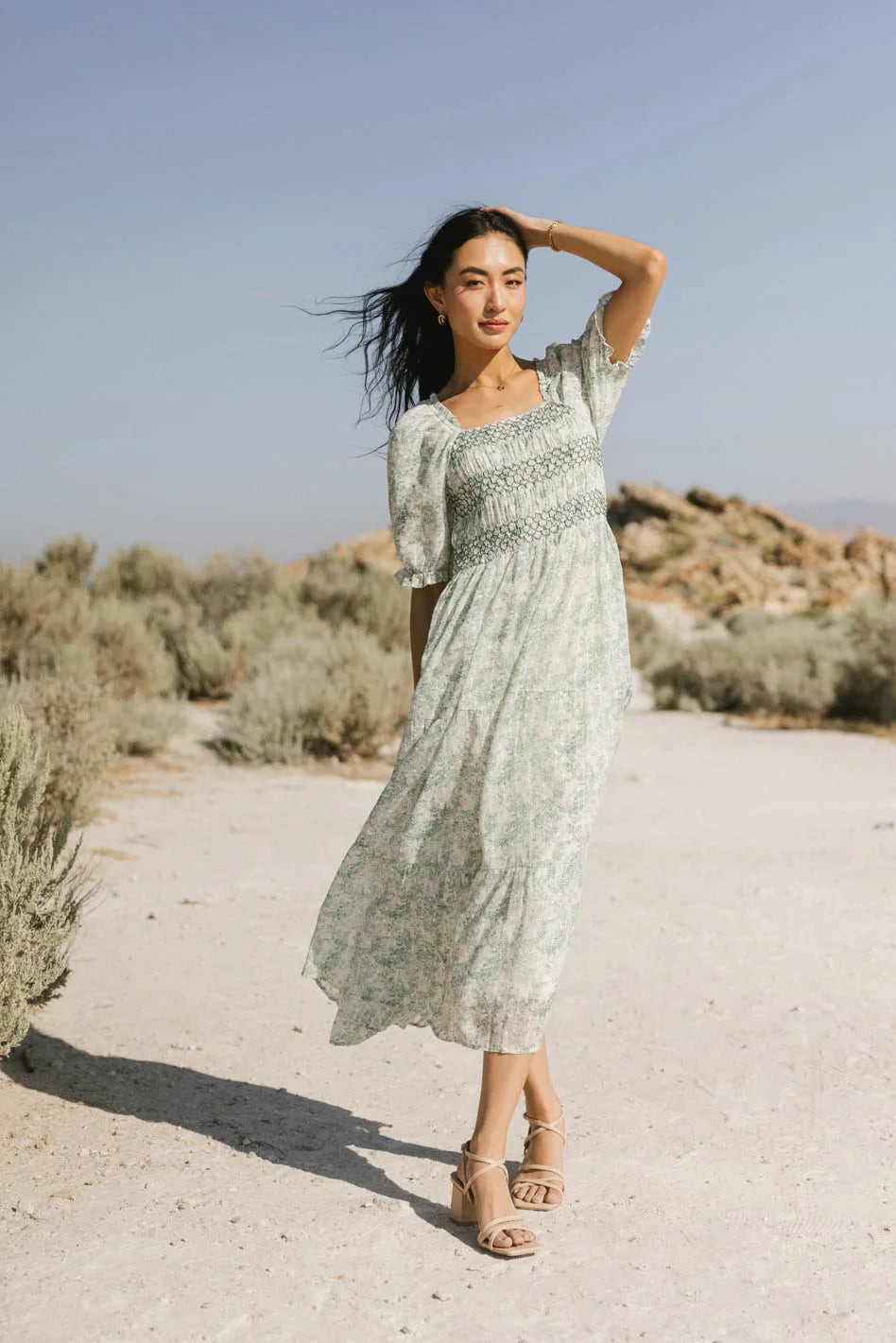 Nadia Smocked Midi Dress for Women - Floral Summer Dress with Ruffled Sleeves | Perfect for Beach Vacations, Date Nights & Garden Parties (Final Sale)