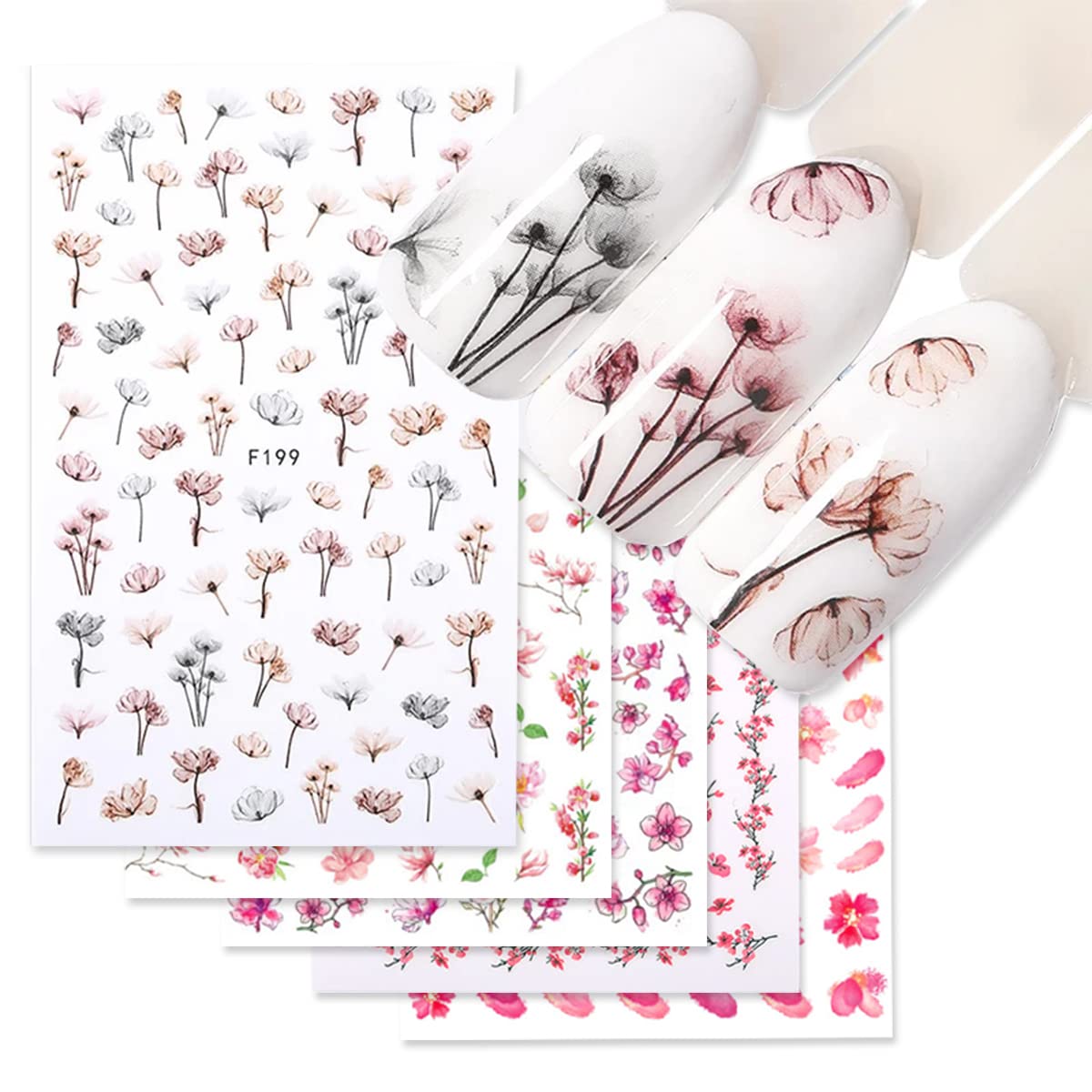 3D Flower Nail Art Stickers - Colorful Cherry Blossoms & Floral Leaves Adhesive Decals (8 Sheets) | DIY Nail Decorations for Acrylic Nails | Perfect for Spring & Summer Manicures, Bridal Nails, and Salon Nail Art Designs