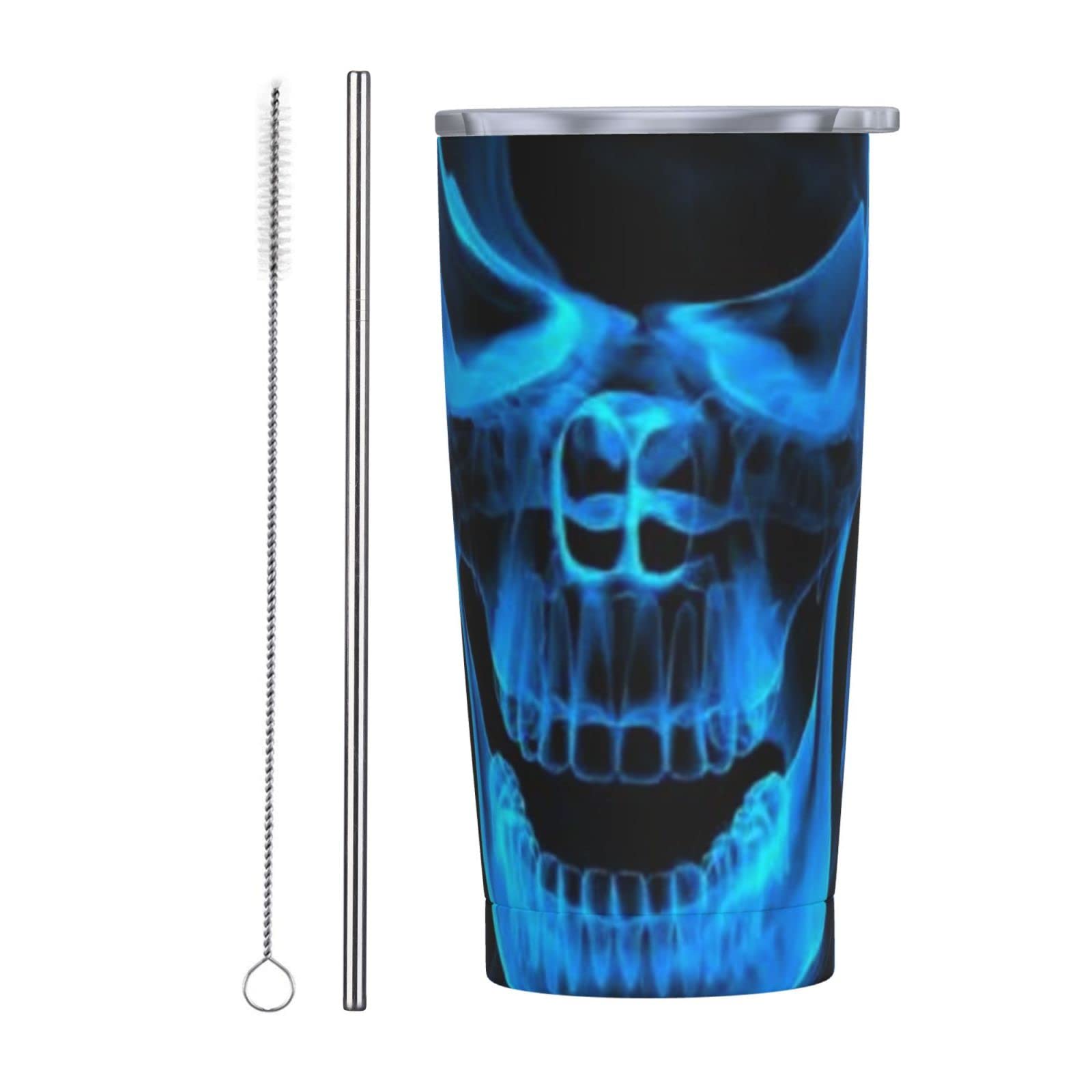 SWEET TANG 20oz Leak Proof Stainless Steel Coffee Tumbler - Vacuum Insulated Double Wall Travel Mug with Straw & Lid - Blue Flame Skeleton Skull Design - Perfect for Office, Meetings, Commuting & Outdoor Activities