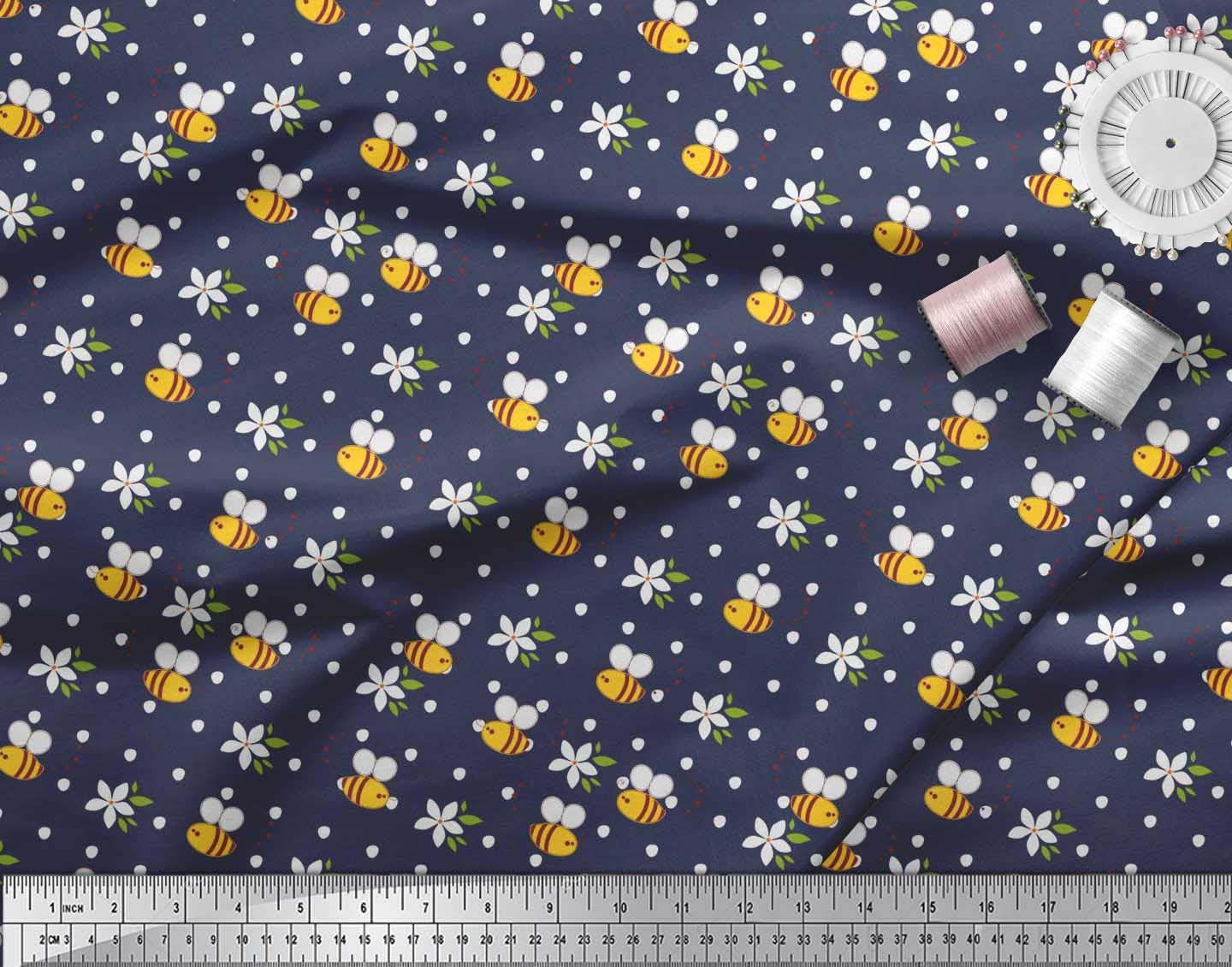 Soimoi Cotton Poplin Fabric - Blue Floral Honey Bee Print - 56
