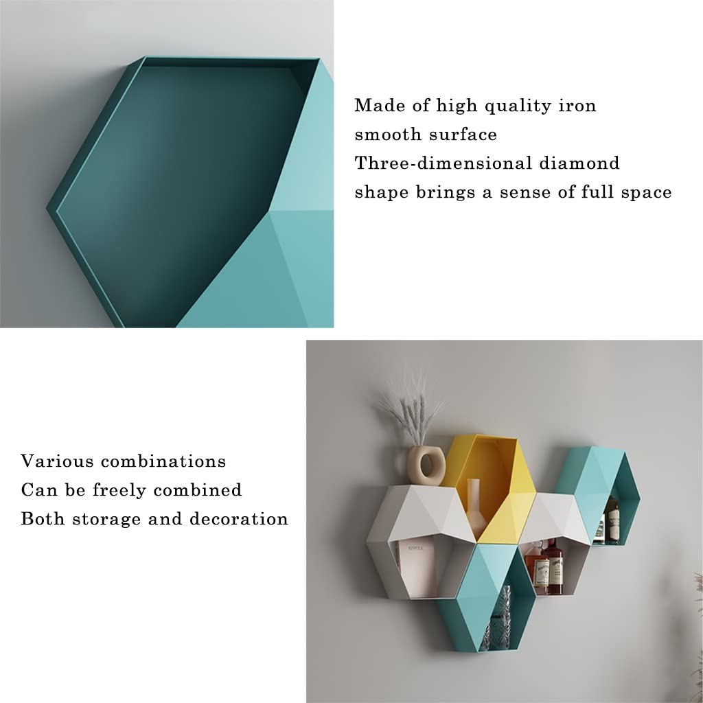 Hexagon Floating Wall Shelf - Metal Honeycomb Bathroom & Bedroom Decor - Nordic Style White Iron Hanging Shelves for Living Room, Dining Room, Home Organization & Storage