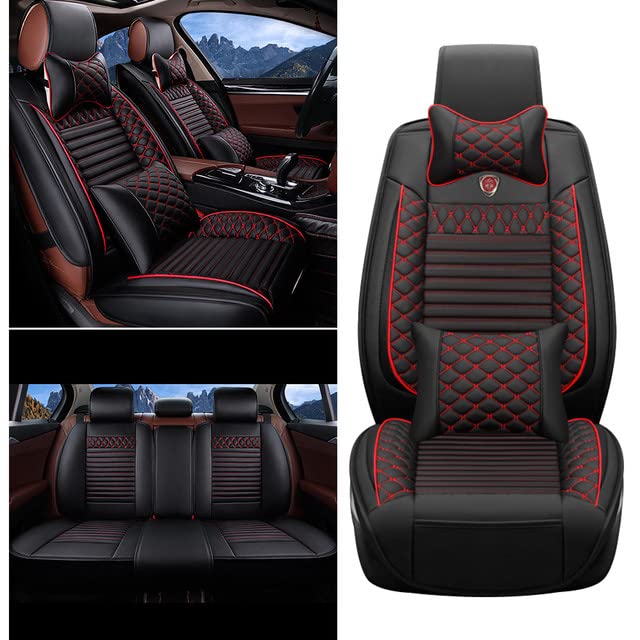 Universal 5-Seat PU Leather Car Seat Covers - Waterproof All-Season Seat Cushions for Subaru & Most Cars, Trucks, SUVs, Vans (Front + Rear Seats, 9-Piece Luxury Set, Black/Red) - Perfect for Road Trips, Daily Commutes & Family Protection