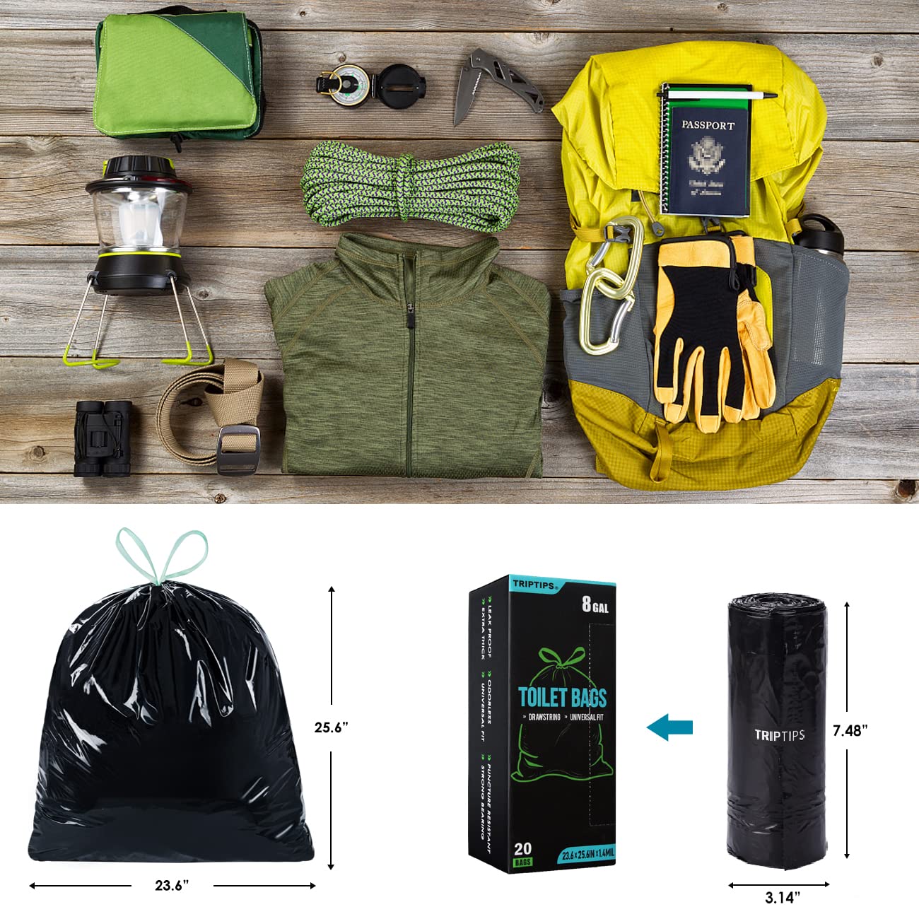 TRIPTIPS 8 Gallon Portable Toilet Bags with Drawstring - Leak-Proof Camping Toilet Waste Bags & Trash Liners for Outdoor Adventures, Hiking, Travel, RV Trips and Emergency Preparedness