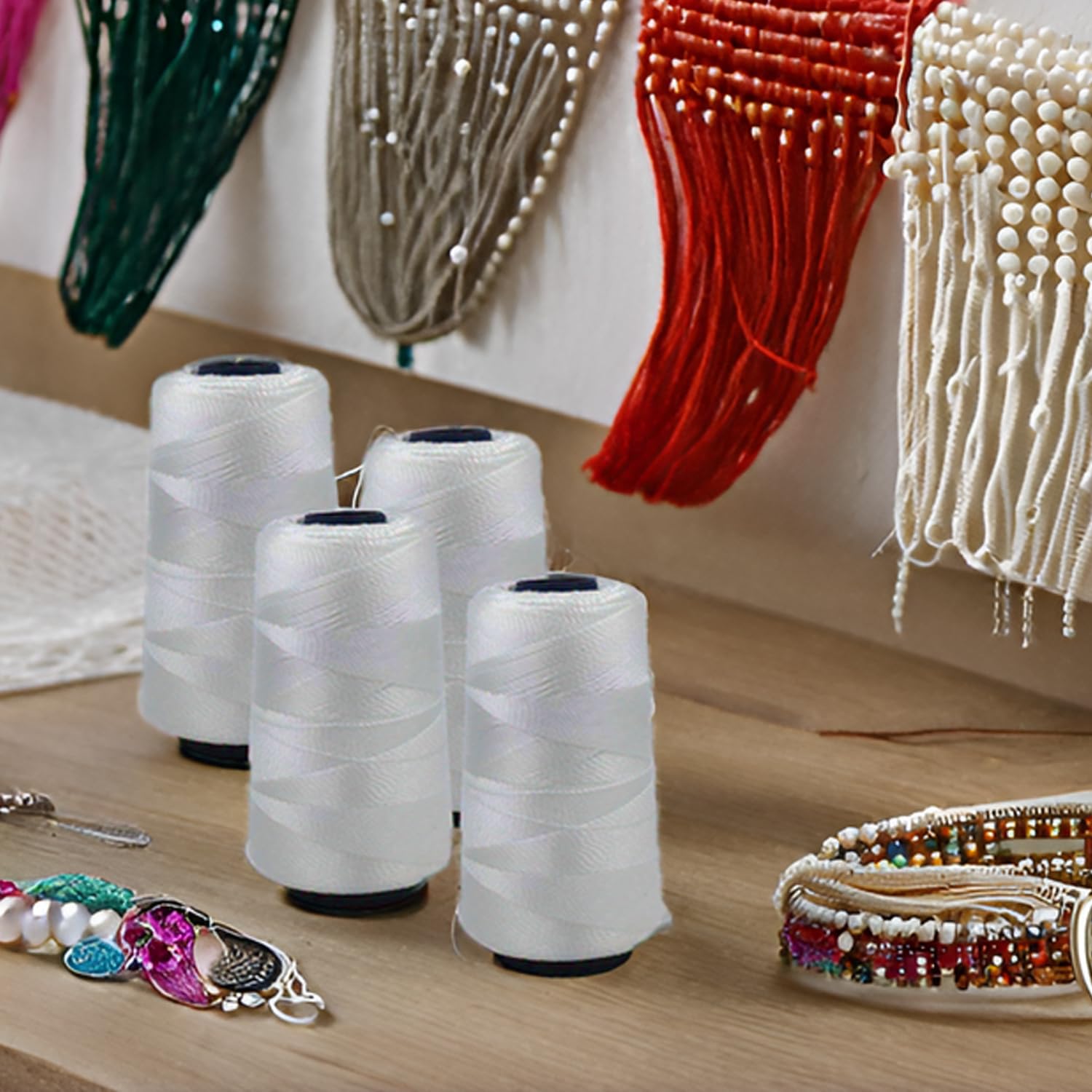 Aakriti Nylon Thread for Beads & Jewelry Making (White) - 4 Pack of 100g Cones (1500m Each) - Strong & Durable for Seed Beads, Bracelets, Necklaces - Perfect for Beading, Jewelry Stringing, Crafting & DIY Projects - Great for Handmade Gifts, Fashion Accessories & Home Decor