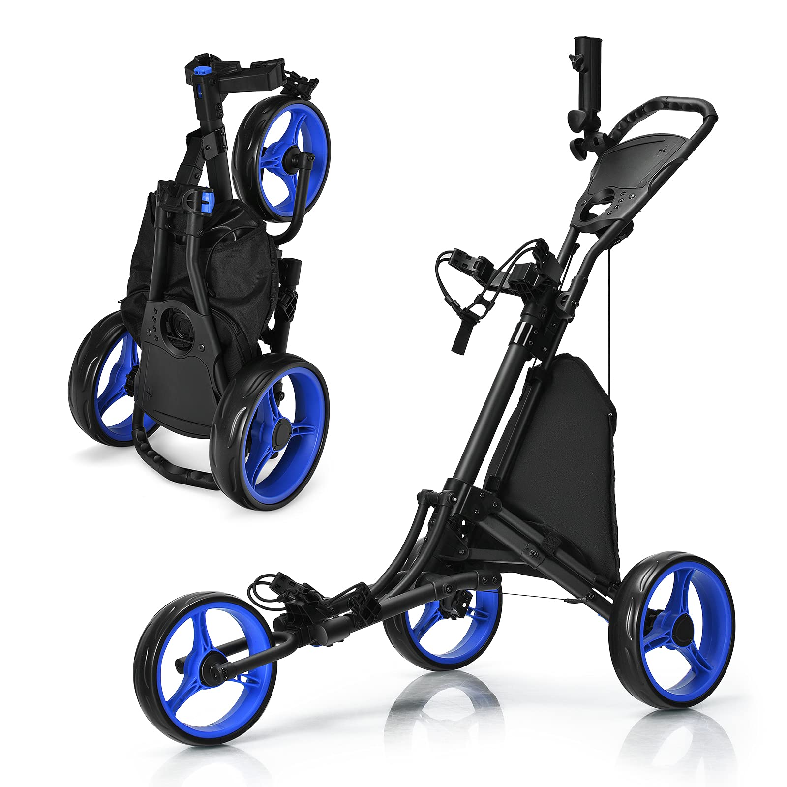 GYMAX 3-Wheel Aluminum Folding Golf Push Cart - Adjustable Height, Lightweight & Portable with Umbrella Holder & Waterproof Bag - Quick Open & Fold Design for Easy Transport - Perfect for Golf Courses, Driving Ranges & Outdoor Practice Sessions