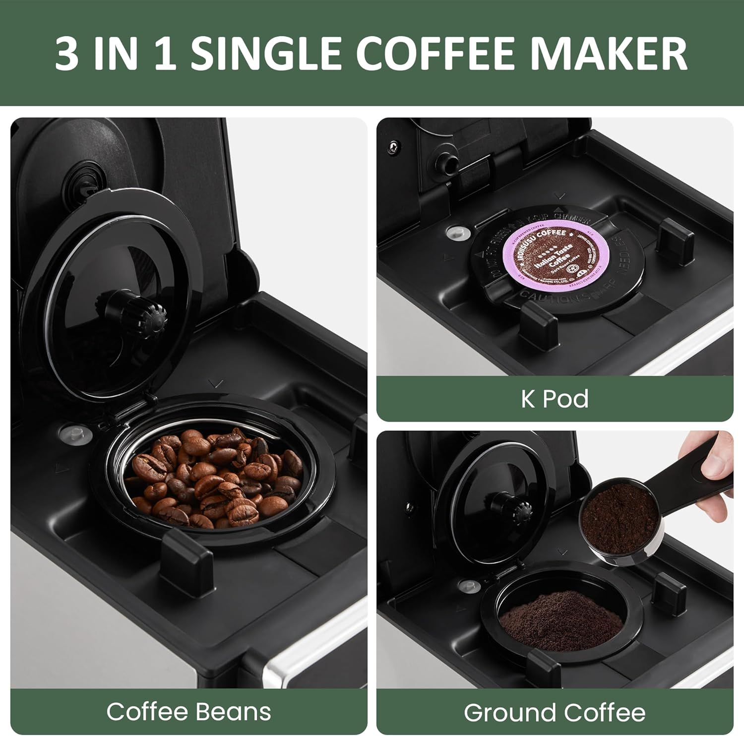 Premium Single Serve Coffee Maker with Built-in Grinder - Compatible with K-Cups, Ground Coffee & Loose Leaf Teas - Perfect for Home, Office & Travel Use