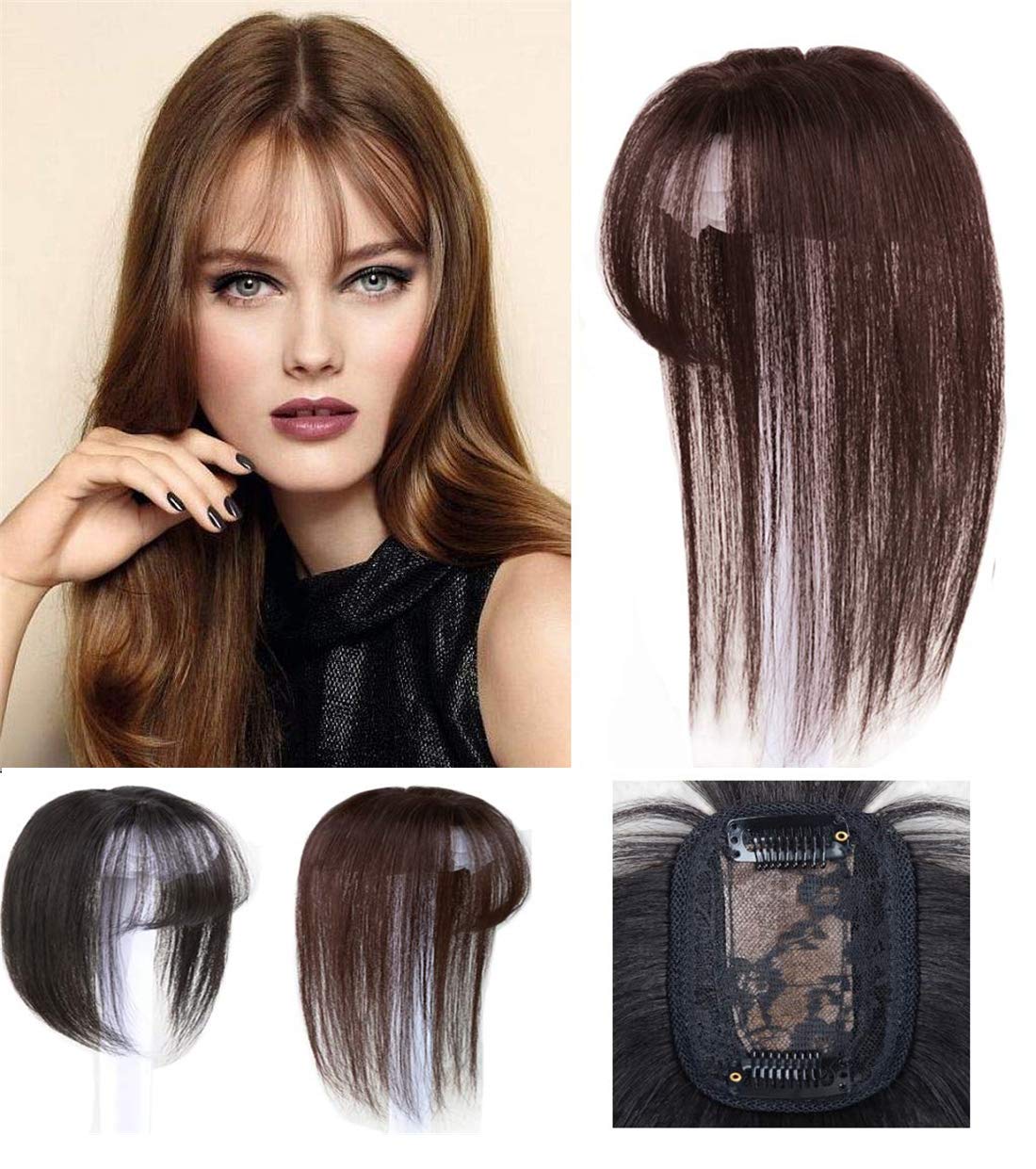 LXUE Real Human Hair Clip-In Topper with Bangs for Women – 12
