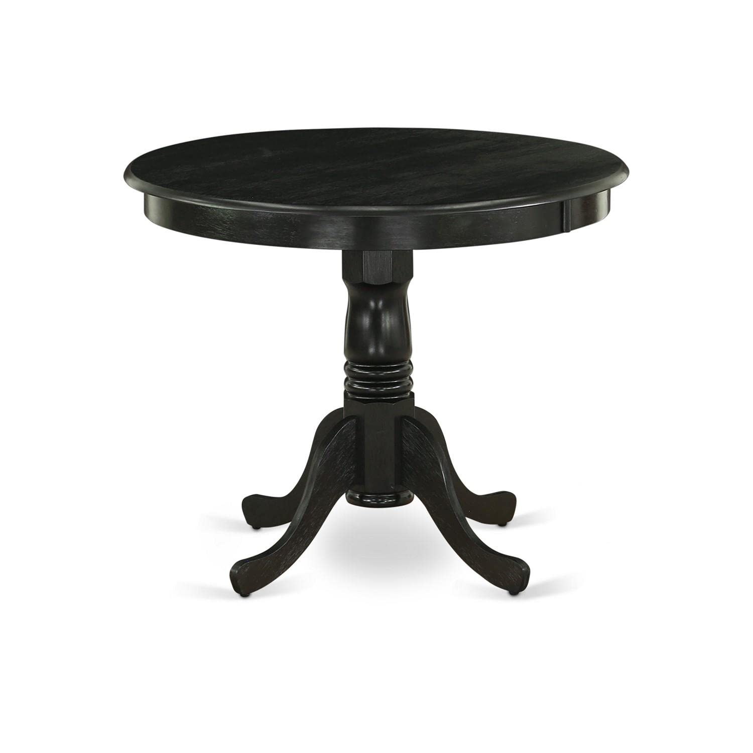 East West Furniture 5-Piece Round Dining Table Set for 4 - 36x36 Inch Wirebrushed Black Kitchen Table with Pedestal Base & 4 Blue Linen Fabric Parsons Chairs | Perfect for Small Kitchens, Breakfast Nooks, and Apartment Dining Areas
