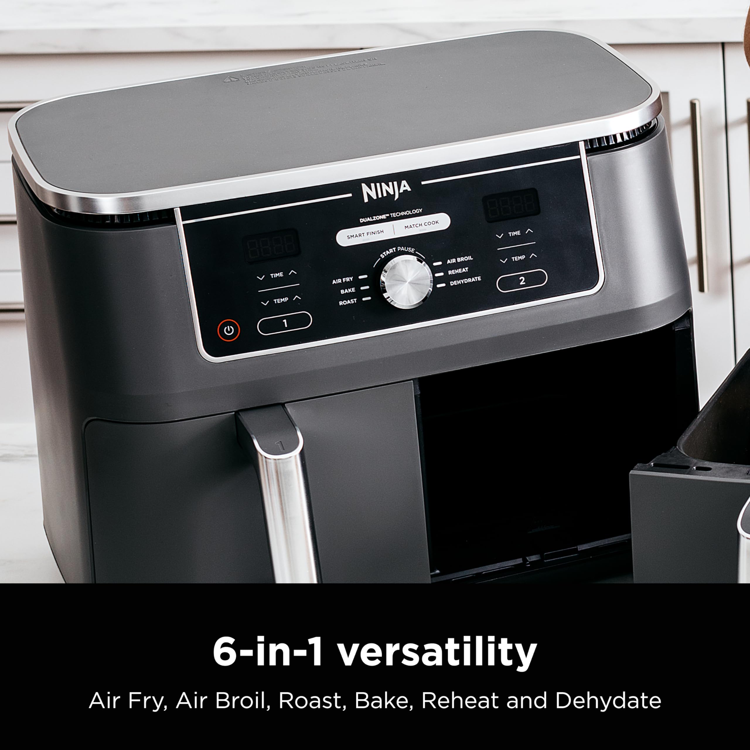 Ninja DZ401 Foodi 10 Quart 6-in-1 DualZone XL 2-Basket Air Fryer with Independent Frying Baskets - Roast, Broil, Dehydrate - Smart Finish & Match Cook Technology - Large Capacity for Family Meals - Grey - Perfect for Quick Cooking, Healthy Meals & Party Snacks