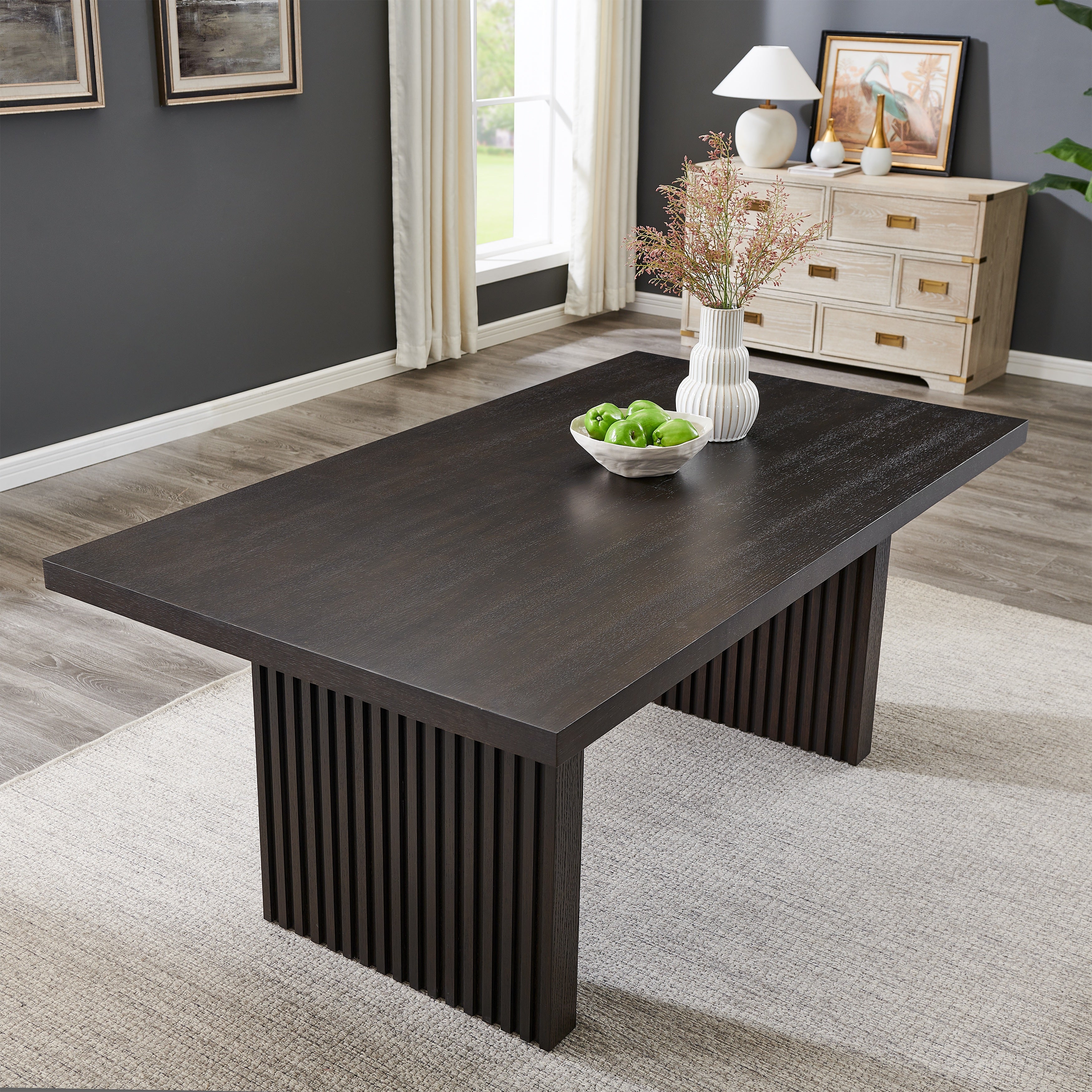 Roundhill Furniture Madison 7-Piece Dining Set - Gray Slat Fluted Dining Table with 6 Modern Upholstered Chairs for Kitchen, Dining Room & Small Space Decor