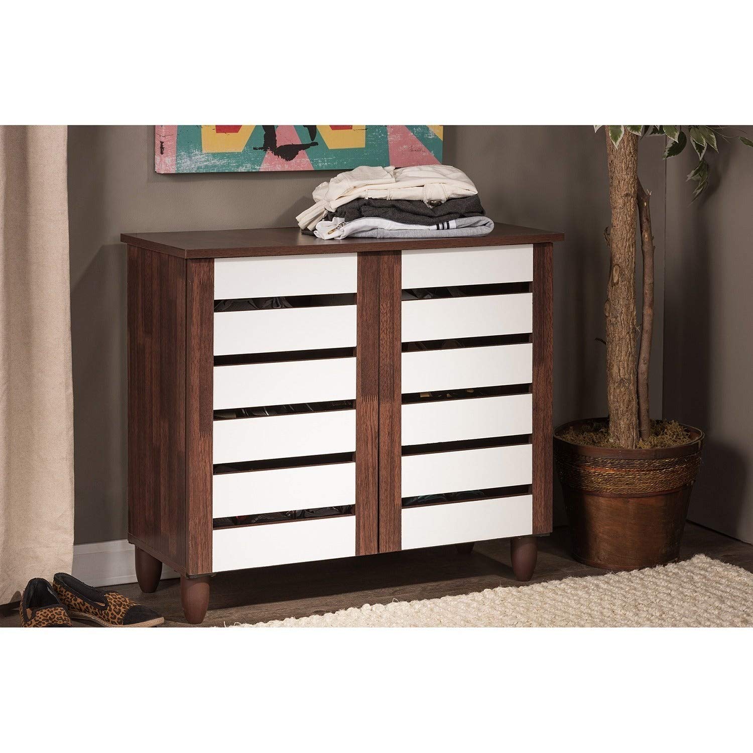 Modern 2-Door Shoe Cabinet with Drawers - Brown/White Oak Wood Finish for Entryway, Closet & Bedroom Organization