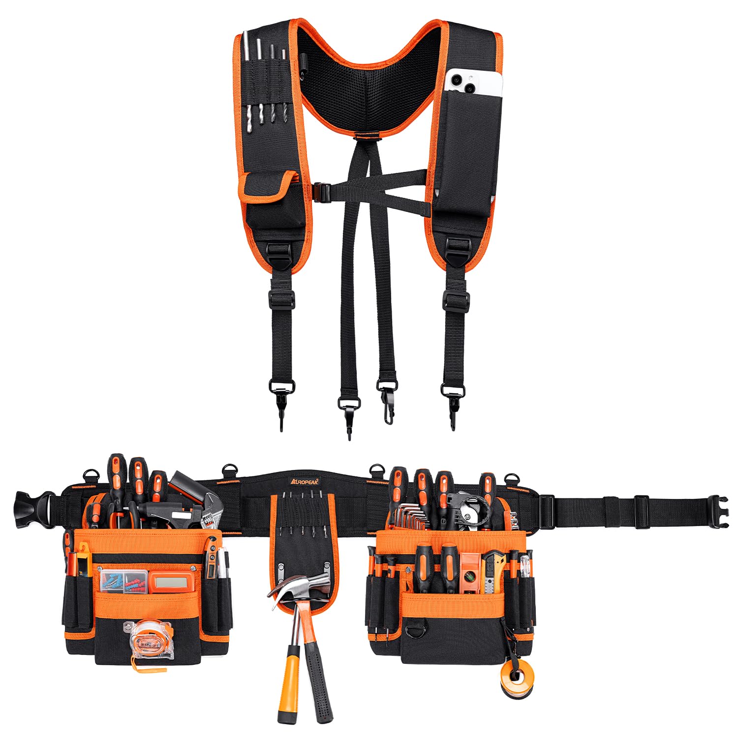 33-Pocket Adjustable Tool Belt Suspenders for Men - Detachable Electrician & Carpenter Tool Belt with Pouches (33''-48'') - Ideal for Framing, Roofing & Construction Work