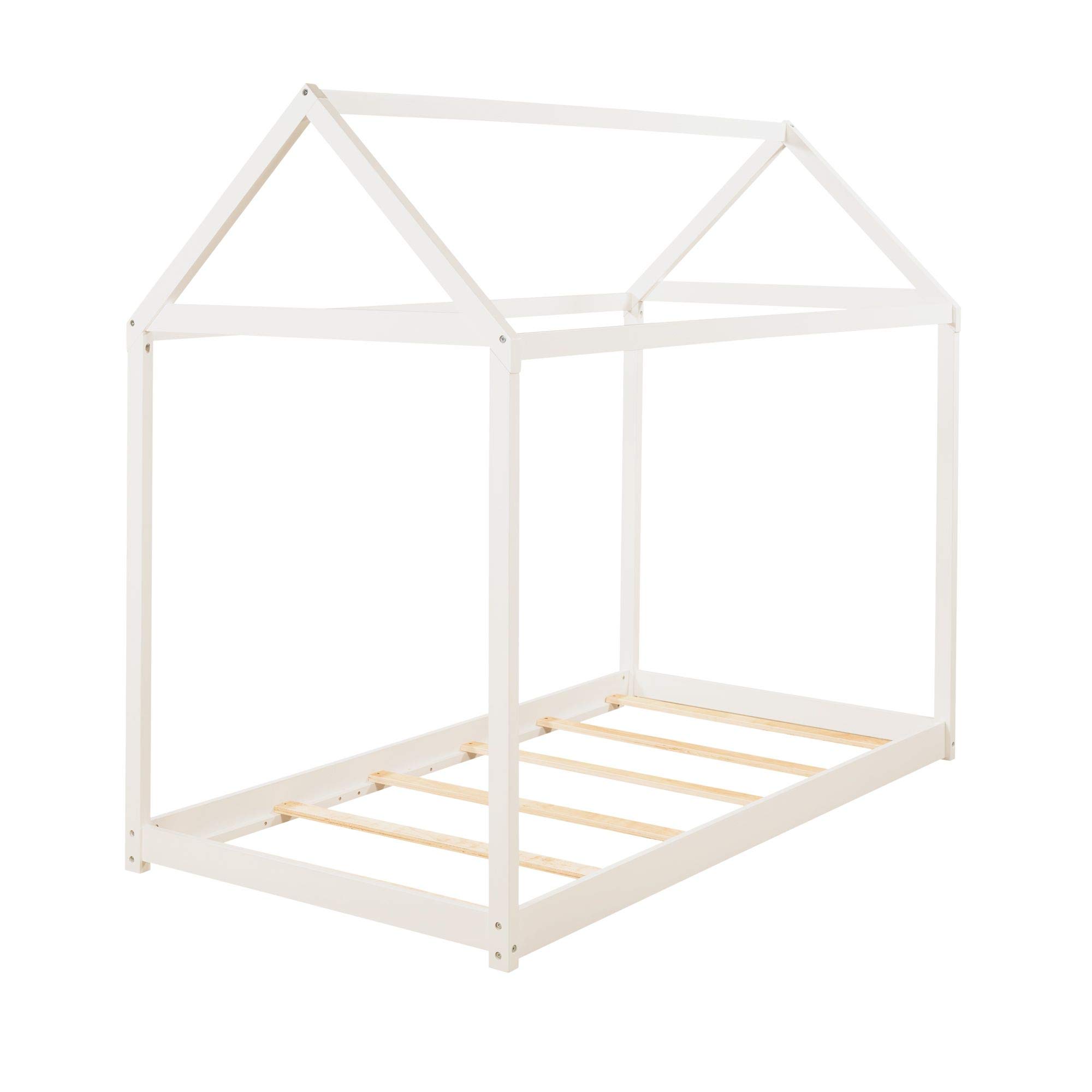 Montessori Twin House Floor Bed for Kids - Solid Wood Twin Bed Frame for Boys & Girls - White - Perfect for Playrooms, Bedrooms & Montessori Learning Spaces