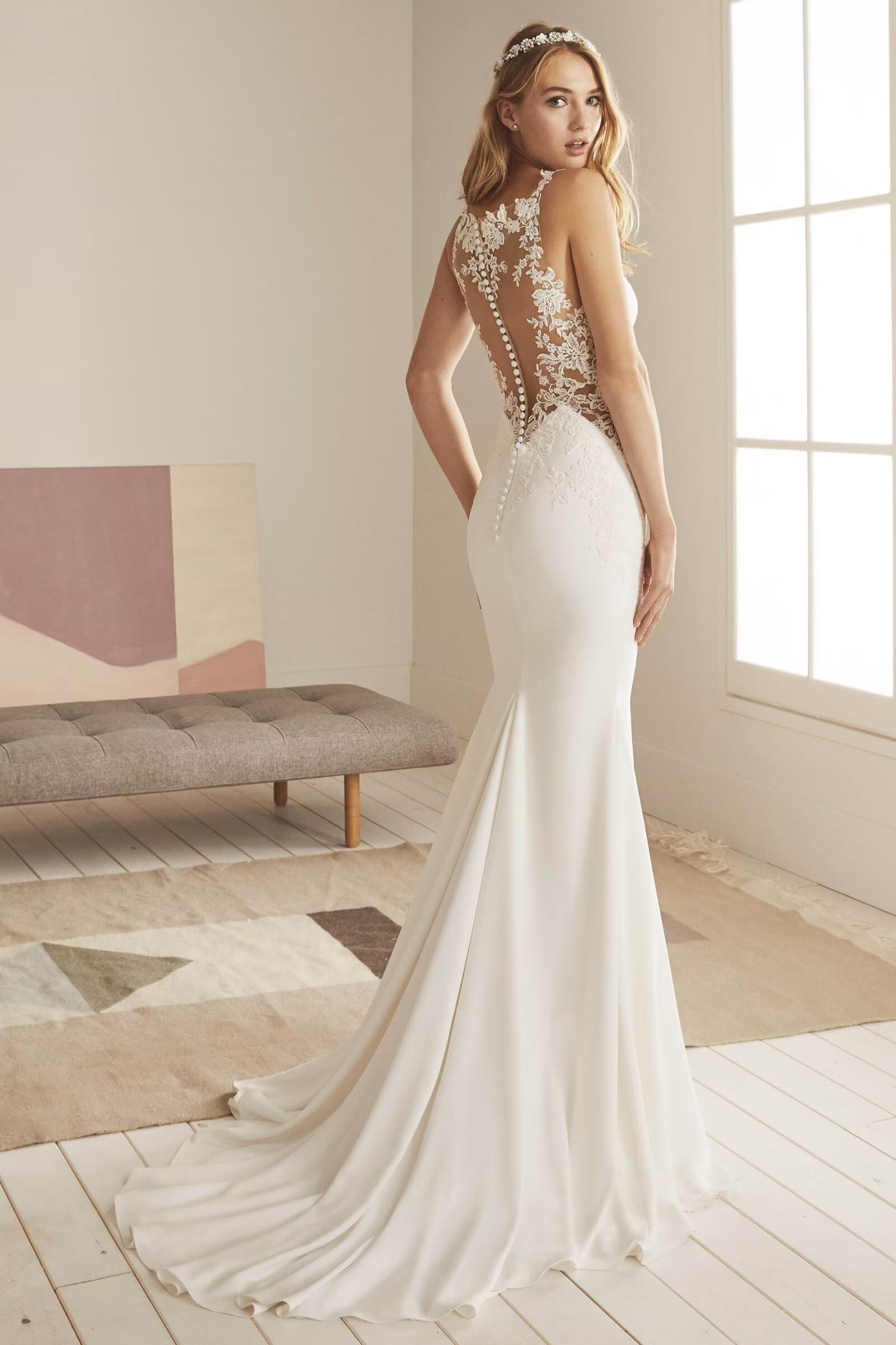 Mermaid Wedding Dresses for Bride | Elegant Lace Sheer Waist Beach Wedding Gown | Women's Bridal Dress for Beach, Destination & Summer Weddings