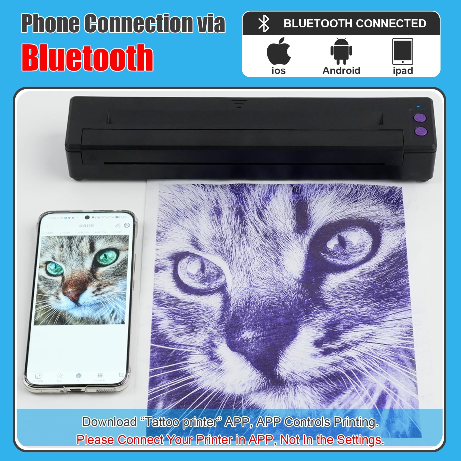 Professional Wireless Tattoo Stencil Printer Machine - Bluetooth & USB Thermal Transfer Printer for Tattoo Artists | Compatible with Smartphones, Tablets & PCs | Perfect for Tattoo Studio, Home Practice & Professional Tattoo Supplies