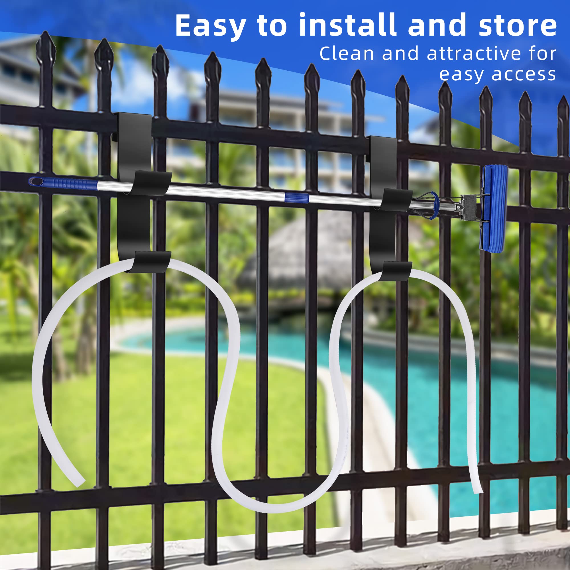 Heavy Duty Black Pool Fence Hooks 2 Pack - Slip-On Hangers for Pool Poles, Hose & Skimmer - Fits 3/4