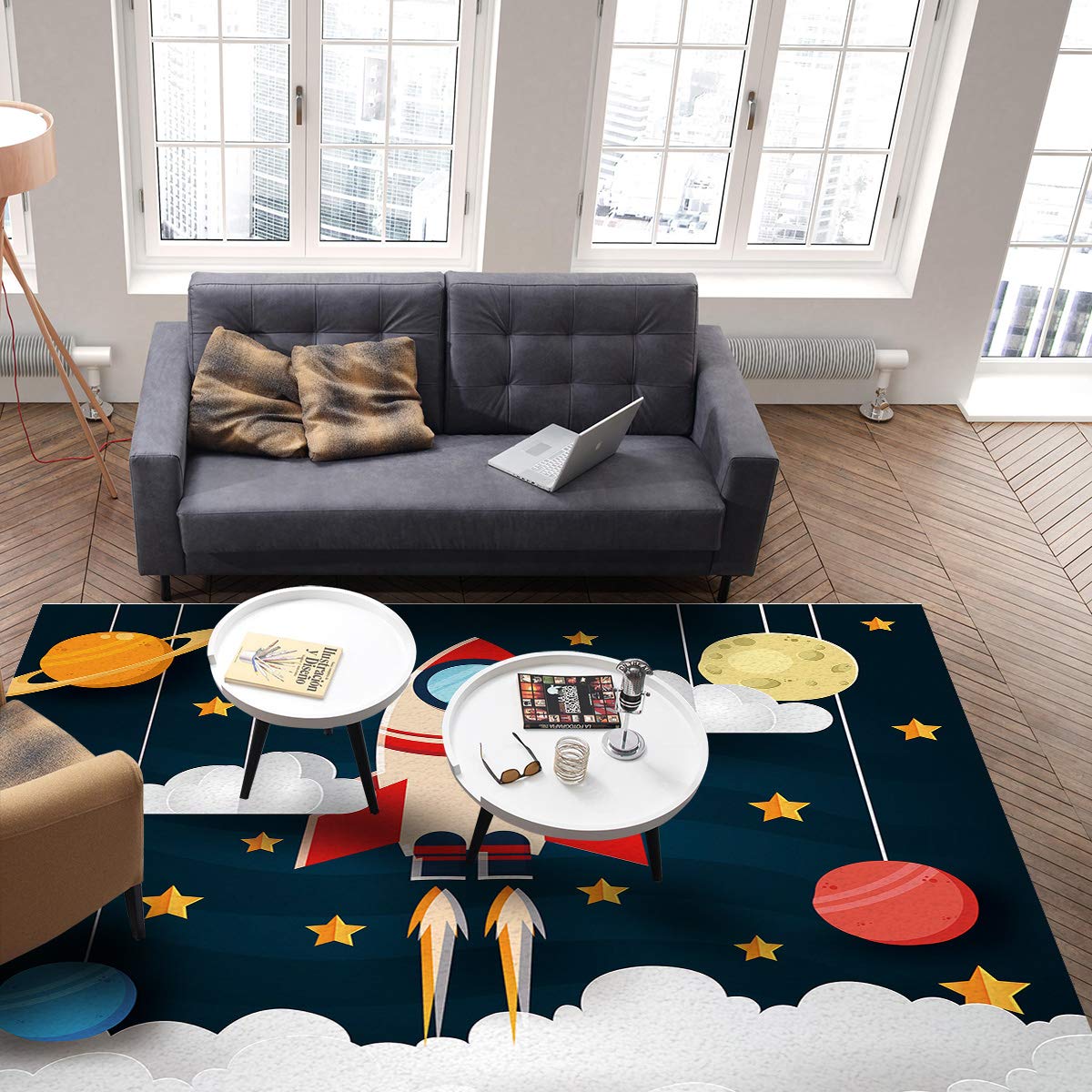 Soft Modern Kids Area Rug - Space Exploration Rocket & Spaceship Pattern - Non-Slip Nursery Rug for Boys Girls Bedroom, Playroom, Living Room - Perfect for Home Decor, Play Areas & Cozy Floor Covering