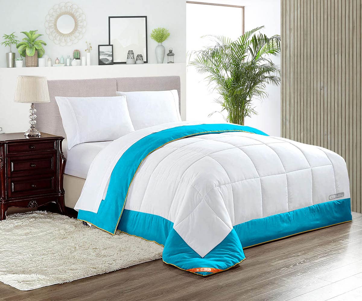 Premium SGI Queen Comforter Set - 300 GSM Plush Siliconized Microfiber Fill, 600 TC Egyptian Cotton Shell with Piping, Two-Tone White & Turquoise Blue Design - Includes Duvet Insert and Pillowcases - Perfect for Cozy Bedrooms, Guest Rooms, and Luxury Hotel-Style Comfort