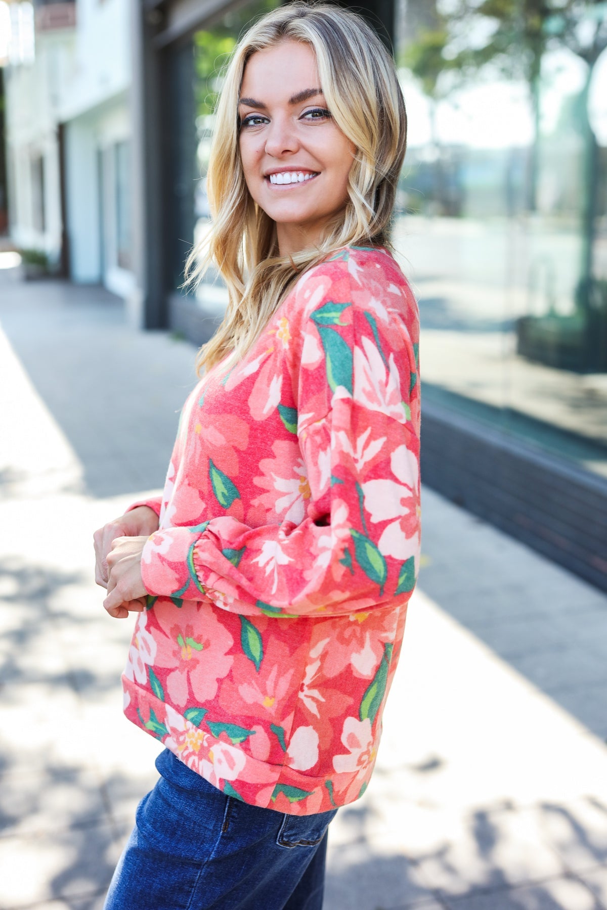 Stylish Red Floral Brushed Hacci Sweater Top for Women | Soft Comfortable Knit Pullover | Perfect for Fall Outfits, Date Nights & Casual Wear