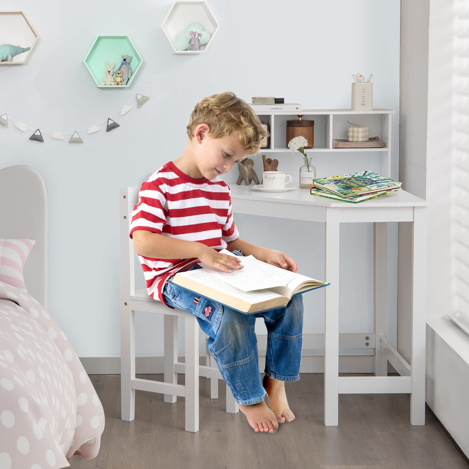 Costzon Kids Desk and Chair Set - White Study Table with Hutch for Small Spaces | Children's Bedroom & School Workstation | Space-Saving Computer Desk for Homework, Online Learning & Creative Activities