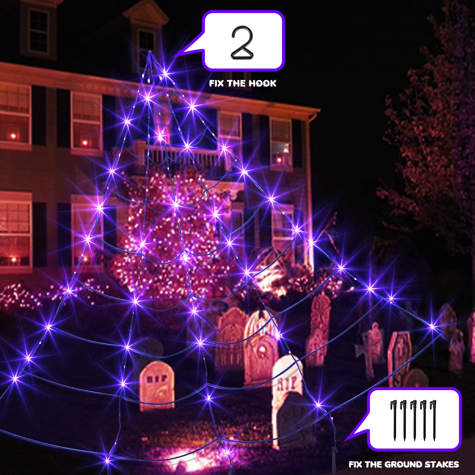 Vanthylit 16FT Giant Halloween Spider Web Lights with 135 LED Purple Bulbs - Outdoor Halloween Decorations for Party, Yard, Haunted House | Perfect for Halloween Party Decor, Front Porch Display, and Spooky Backyard Lighting