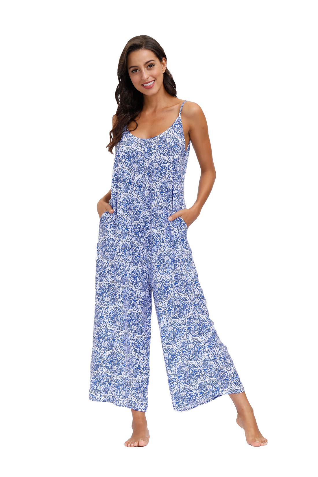 Wexcen Women's Floral Wide Leg Jumpsuit - Sleeveless Spaghetti Strap Casual Romper with Pockets | Boho Chic Loose Fit Long Jumpsuit for Summer, Beach, Vacation & Everyday Wear