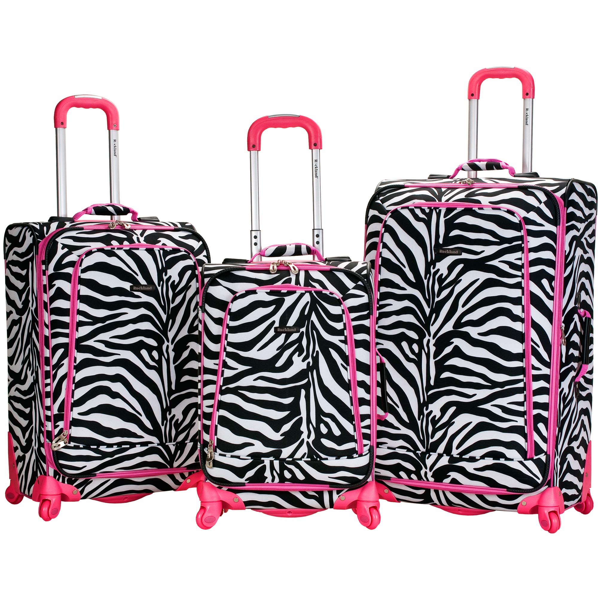 Rockland Fusion Softside Spinner Wheel Luggage Set - 3-Piece (20/24/28 Inch) Pink Zebra Print Carry-On & Checked Suitcases for Women & Men | Perfect for Air Travel, Business Trips & Vacations