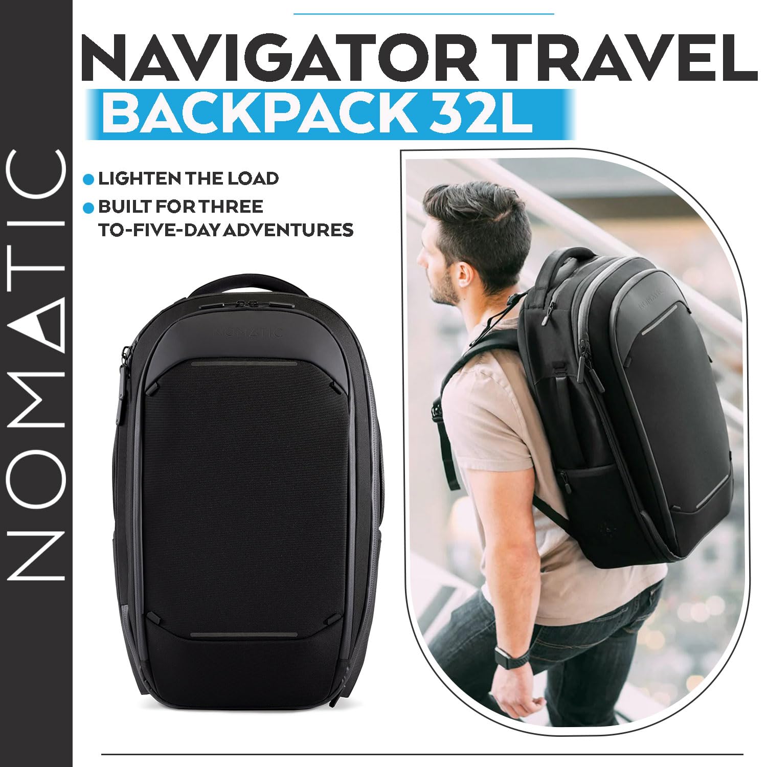 NOMATIC Navigator 32L Anti-Theft Travel Backpack with Laptop Compartment & 9L Expandable Storage - Water Resistant Carry-On Backpack for Business Trips, Commuting & Weekend Getaways (Black)