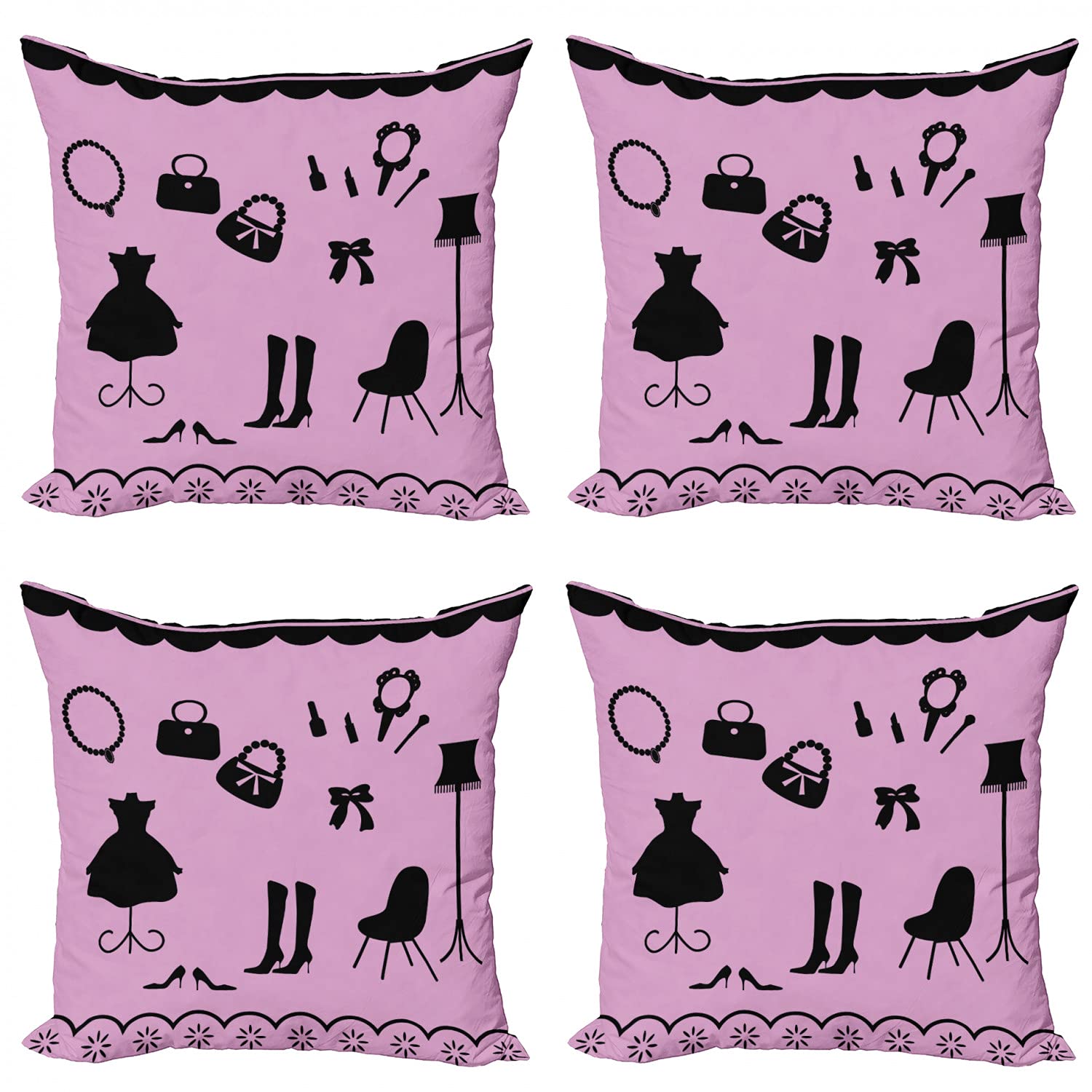 Ambesonne Fashion Throw Pillow Covers Set of 4 - Women's Boutique Style with Purse, High Heels, Necklace & Nail Polish Design - Modern Double-Sided Digital Print 24