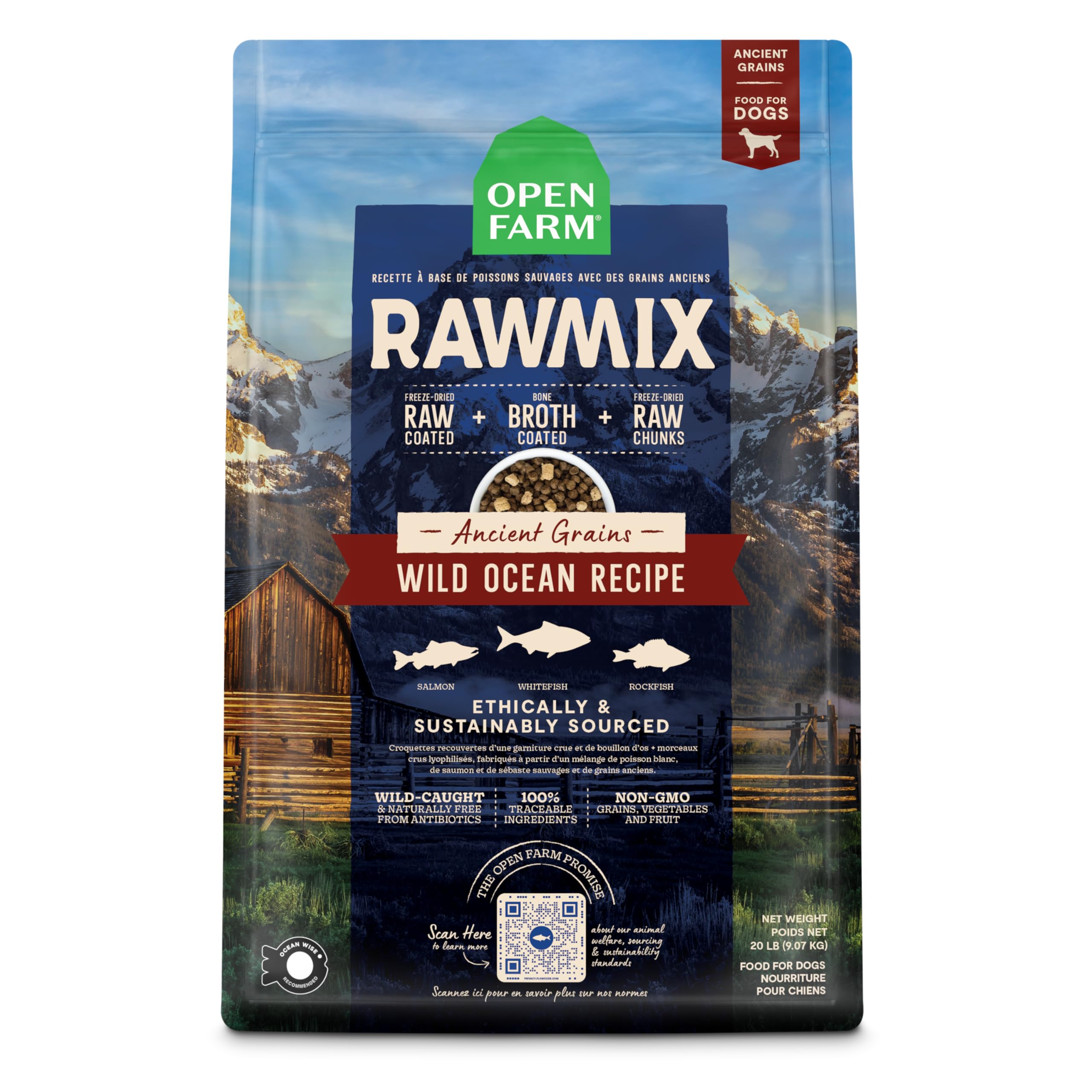 Open Farm RawMix Dry Dog Food with Ancient Grains - High Protein Kibble Coated in Bone Broth & Freeze-Dried Raw Chunks, Salmon Whitefish & Rockfish Wild Ocean Recipe - 20lb Bag for Large & Active Dogs - Perfect for Training, Outdoor Adventures & Daily Nutrition