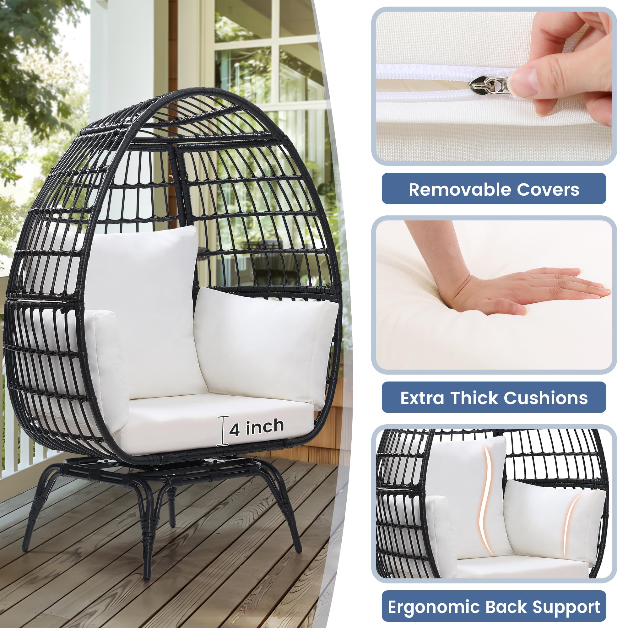 360° Swivel Rattan Egg Chair for Adults - Oversized Indoor/Outdoor Wicker Hanging Chair with Beige Cushions - Perfect for Patio, Garden, Living Room & Balcony Relaxation - Black Rattan Egg-Shaped Lounge Chair with Thick Comfortable Cushions