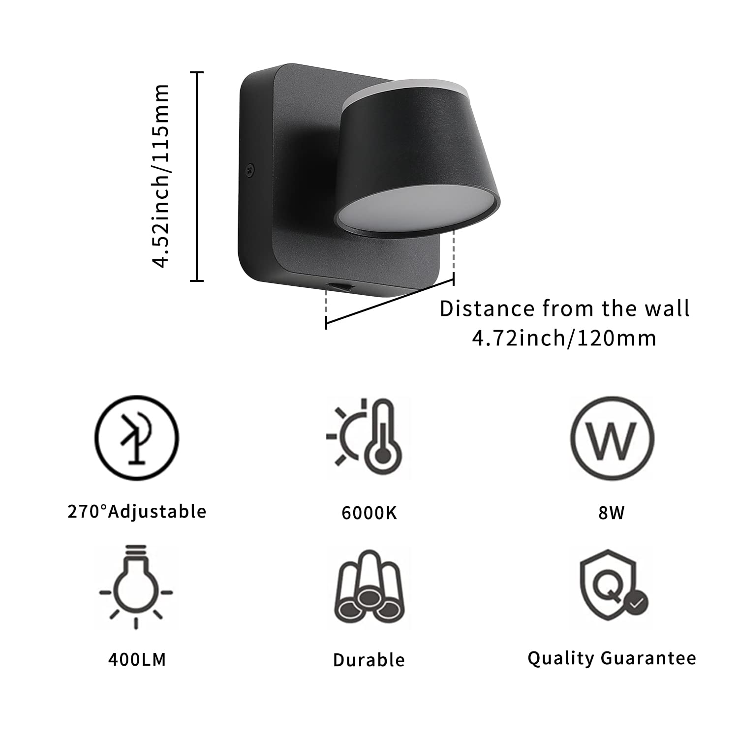 JUSHENG Modern 8W LED Wall Lights - Black Up Down Sconces, 6000K Adjustable Bedroom Lighting for Living Room Hallway - Perfect for Ambient & Accent Lighting in Home Decor