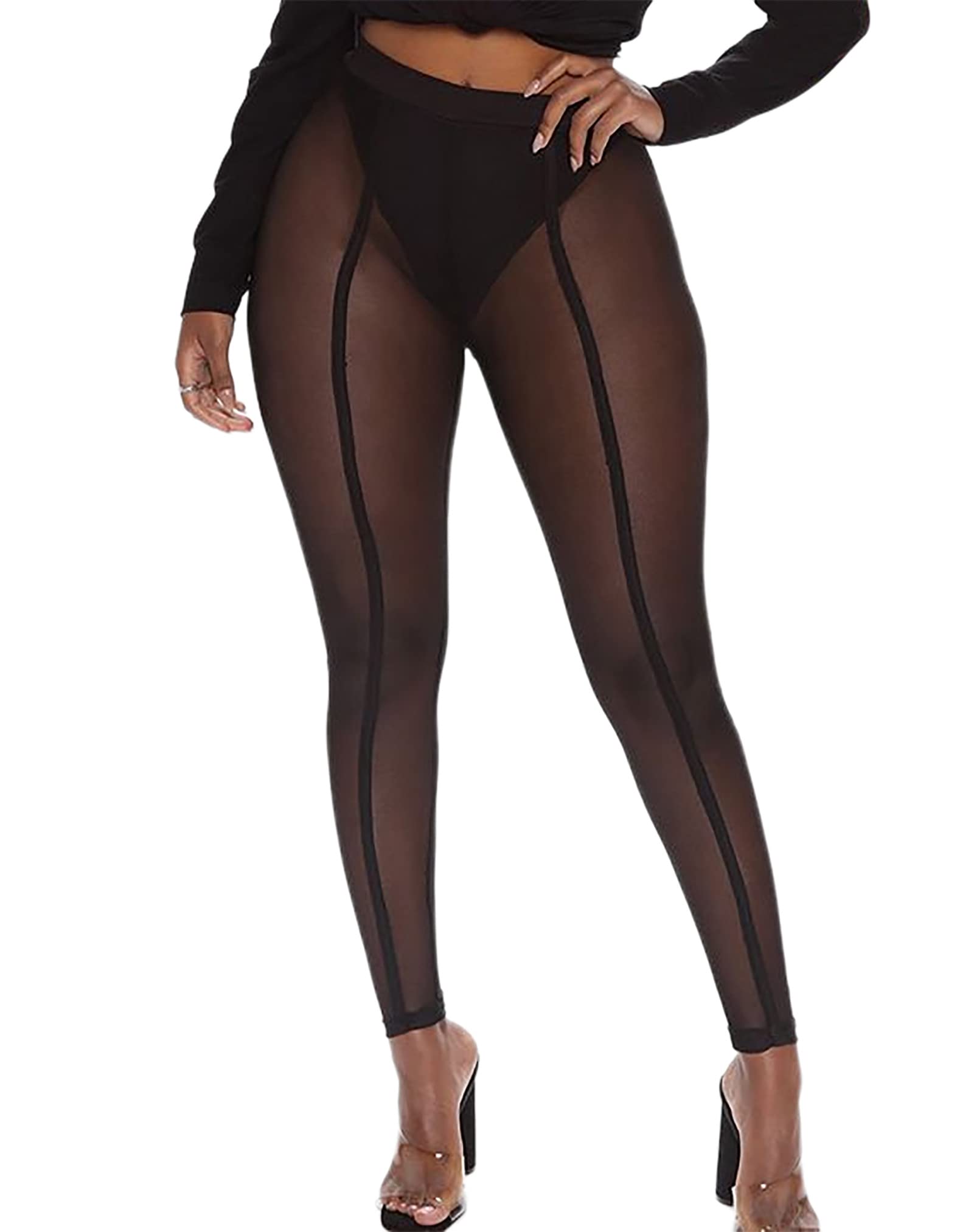 **Atyfuniby Plus Size Sexy Leggings for Women - High Waisted Tummy Control Yoga Pants, See-Through Mesh Sweatpants, Streetwear & Clubwear, Black, XXL - Perfect for Gym, Dance & Night Out**
