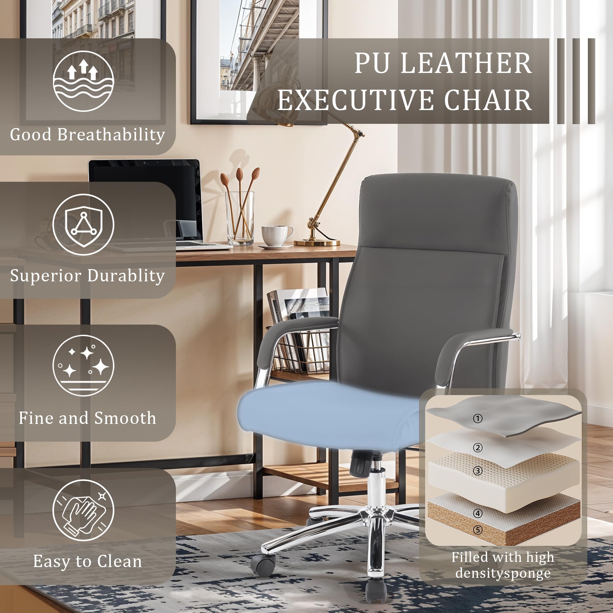 Ergonomic High Back Executive Office Chair with Adjustable Armrests & Lumbar Support - Faux Leather Managerial Desk Chair with Rocking Function (Grey) - Perfect for Home Office, Conference Rooms & Workspaces