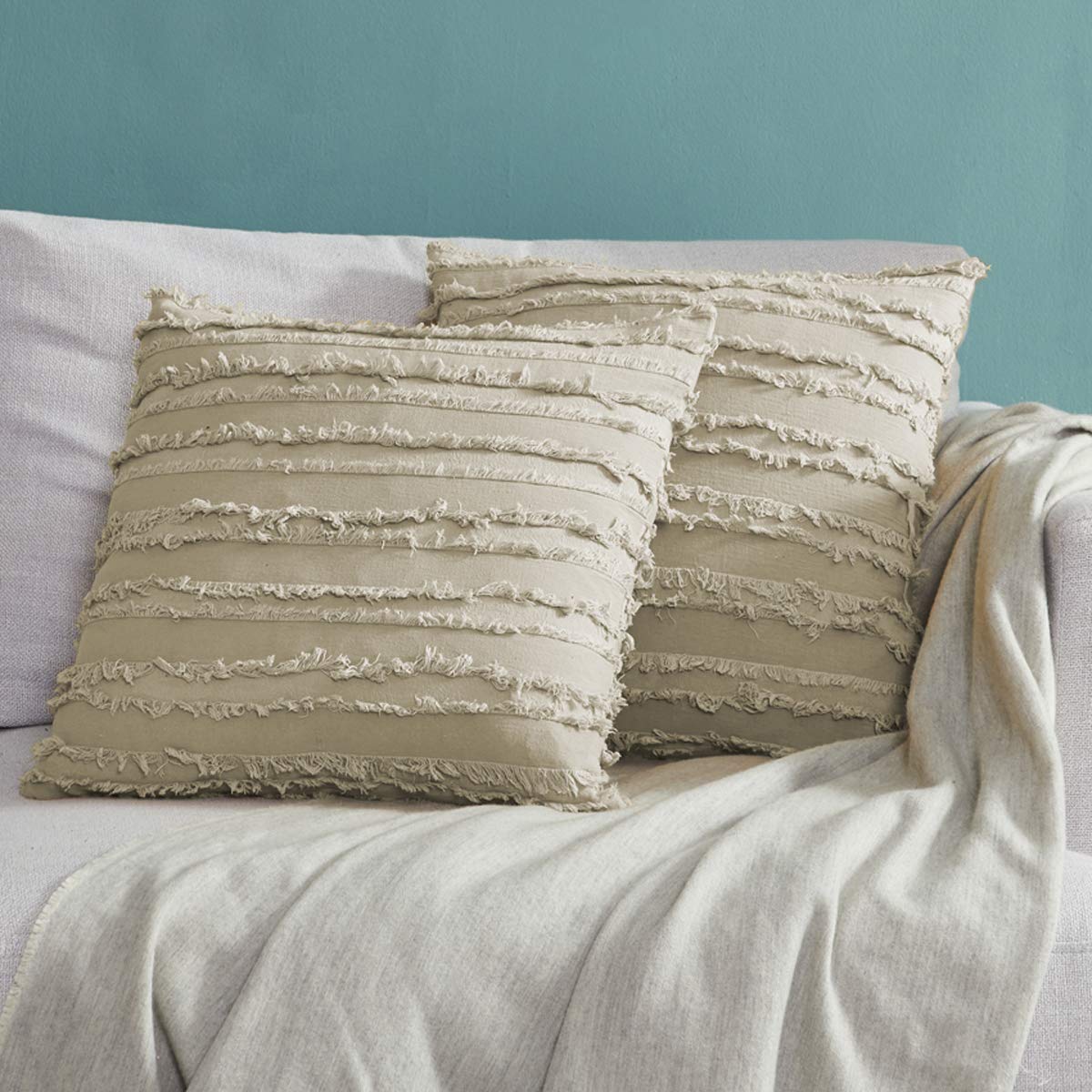 GIGIZAZA 22x22 Inch Decorative Throw Pillow Covers - Khaki Beige Square Couch Pillow Covers, Cotton Sofa Boho Cushion Pillows for Living Room, Bedroom & Outdoor Decor