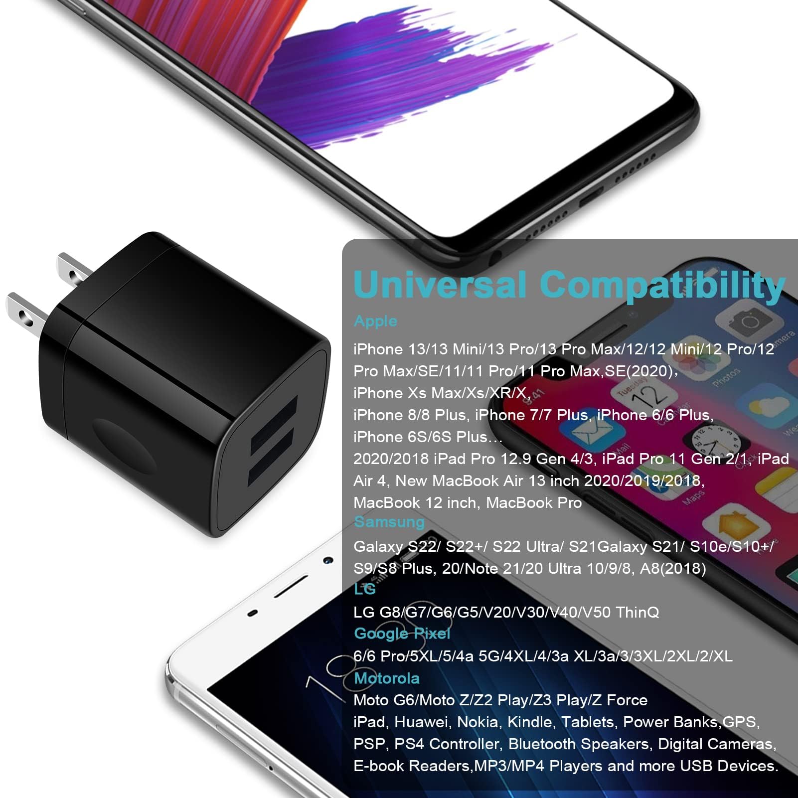 3-Pack 2.4A Dual Port USB Wall Charger Fast Charging Block - Compact Cube Power Adapter for iPhone 16/15/14/13/12/11 Pro Max/XS/XR/X/8/7, iPad, Samsung Galaxy S24/S23, Google Pixel, Moto - Perfect for Home, Office & Travel Charging
