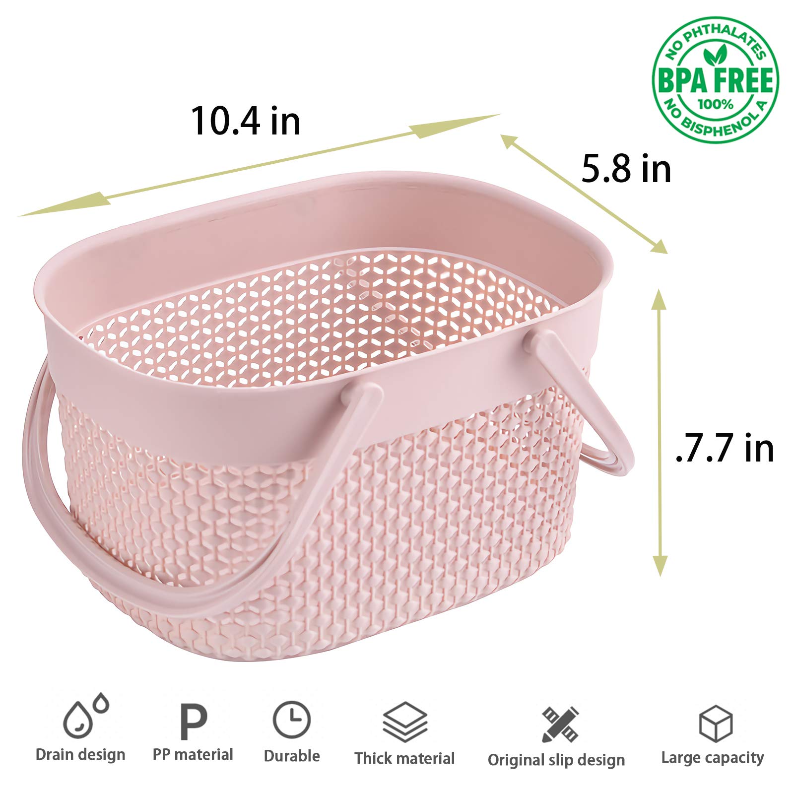Rejomiik 2 Pack Plastic Shower Caddy Basket - Portable Bathroom Organizer with Handles, Toiletry Storage Bin for College Dorm, Camping, Gym & Kitchen (Pink) - Perfect for Small Space Organization & Travel Essentials