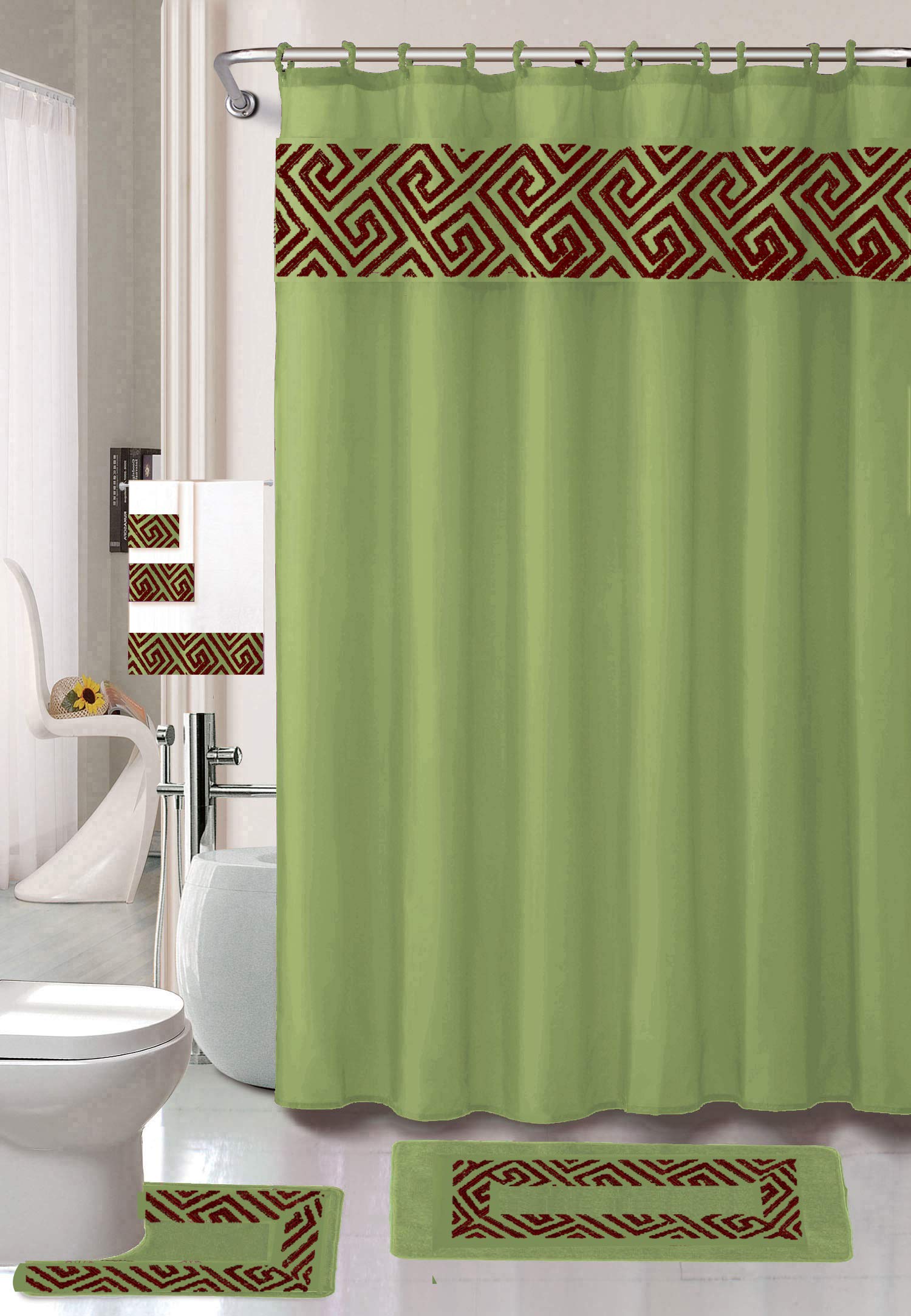 Premium 18-Piece Non-Slip Bathroom Rug Set - Embroidered Bath Mat, Contour Mat, Shower Curtain, Towels & Hooks - Sage Green Luxury Home Collection | Perfect for Master Bathrooms, Guest Suites & Spa-Style Retreats