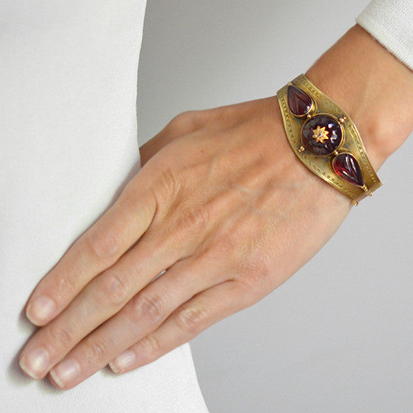 Victorian Style 15kt Gold Carved Garnet and Diamond Bracelet - Elegant Jewelry Gift for Women, Perfect for Weddings, Anniversaries & Special Occasions