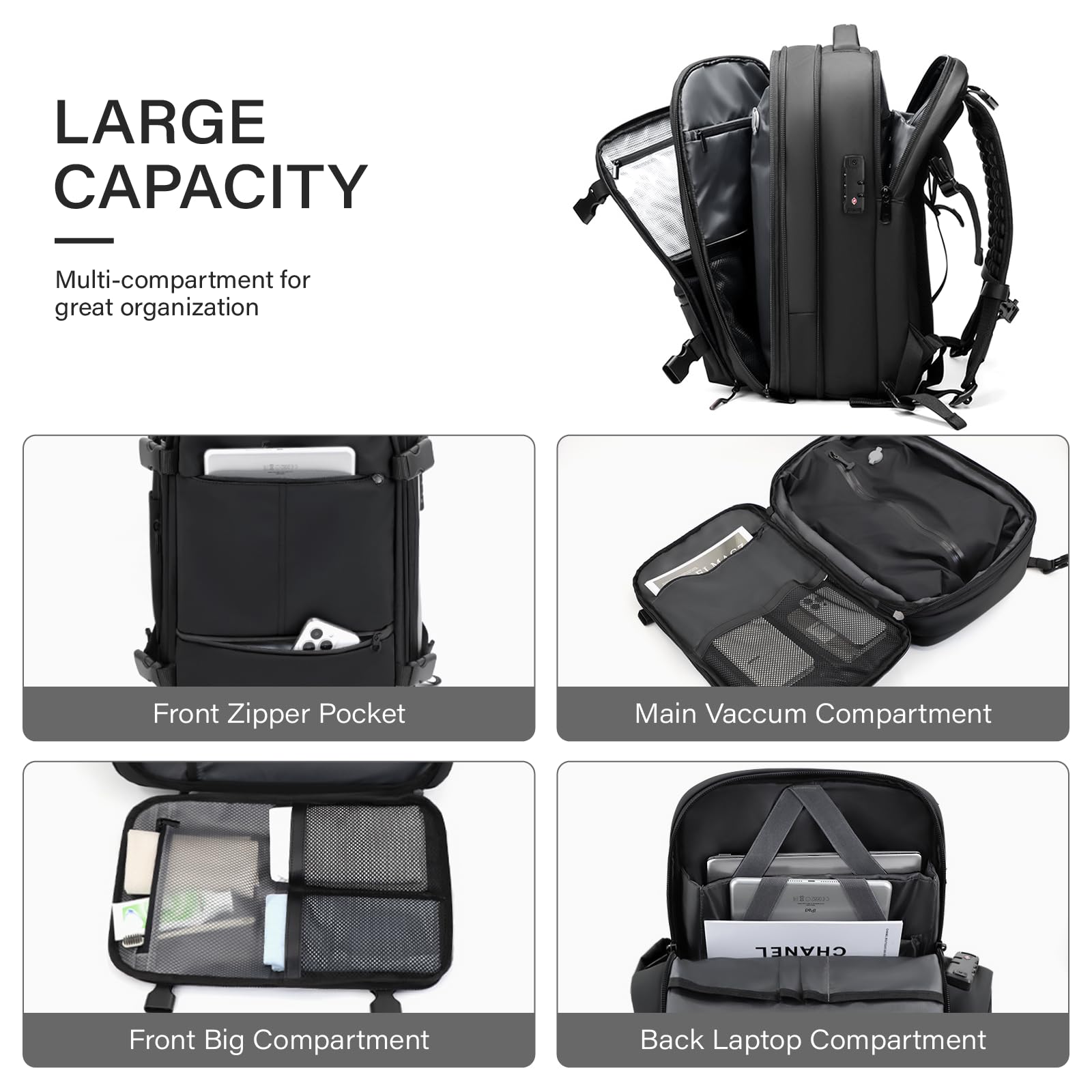 60L Expandable Vacuum Travel Backpack with TSA Lock - 17.3 Inch Laptop Compartment | Airback Vacpack Backpack for Business Trips & Weekend Getaways (Black, Air Pump Not Included)