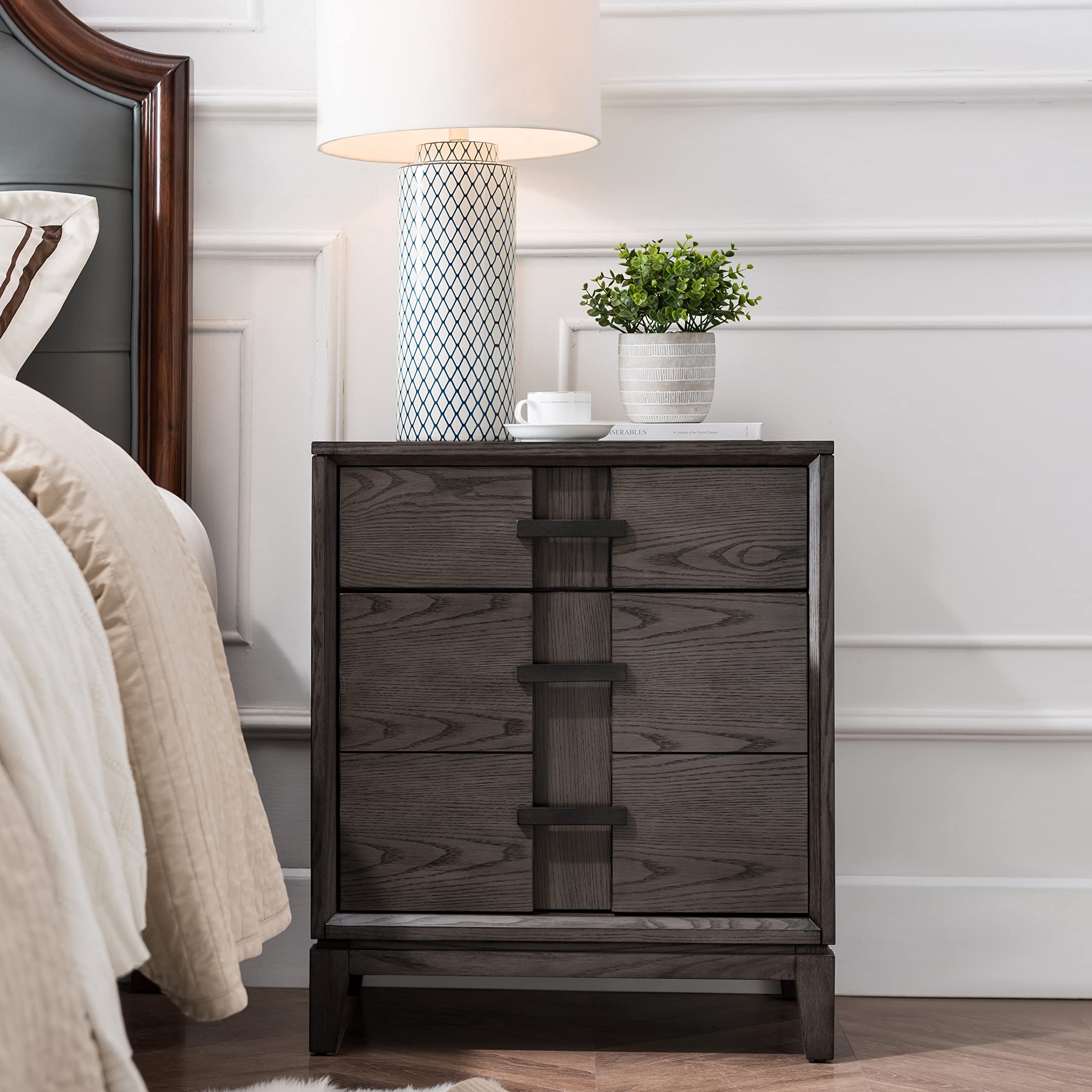 Leick Home 9075 Modern Nightstand with USB-C Fast Charging | 1-Drawer Side Table with Integrated AC/USB Ports | Durable Gray Oak Finish for Bedroom, Living Room & Office Use