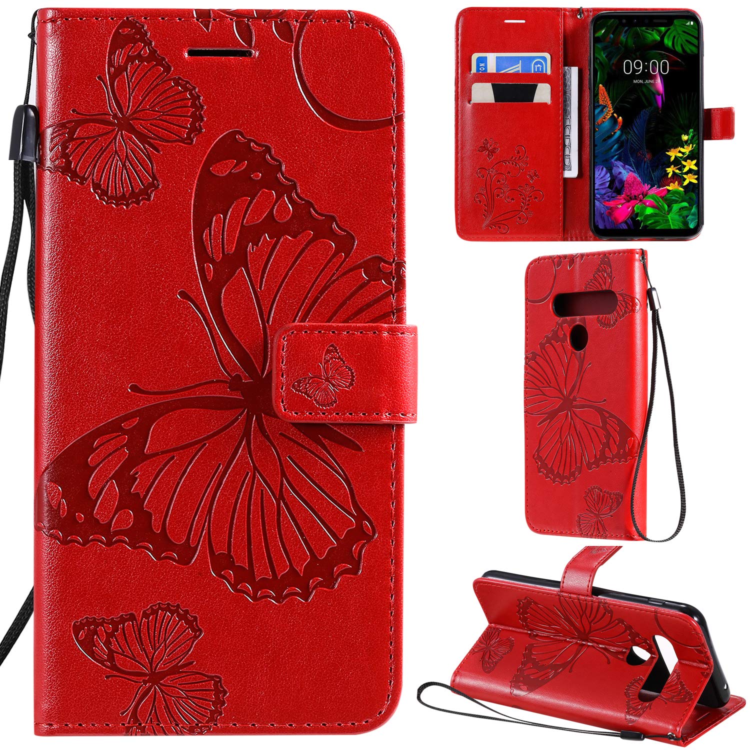 Premium PU Leather LG Velvet Case with 3D Butterfly Design - Magnetic Flip Cover Wallet with Card Slots, Kickstand & Wrist Strap for LG Velvet (Red) | Perfect for Everyday Use, Travel & Business Meetings