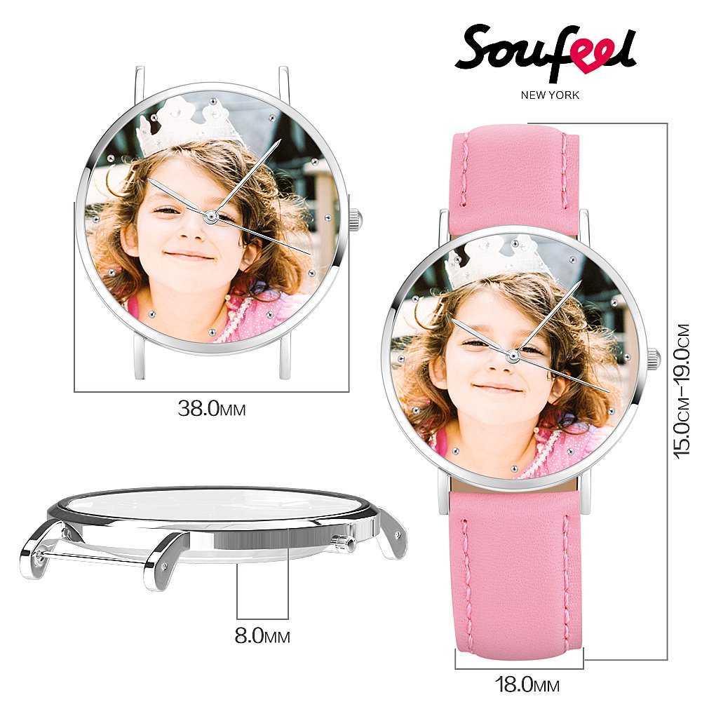 SOUFEEL Personalized Engraved Watch for Women - Custom Photo & Name Leather Wristwatch, Unique Gift for Girlfriend, Wife, Daughter (Red/Silver) | Anniversary, Birthday, Valentine's Day Present